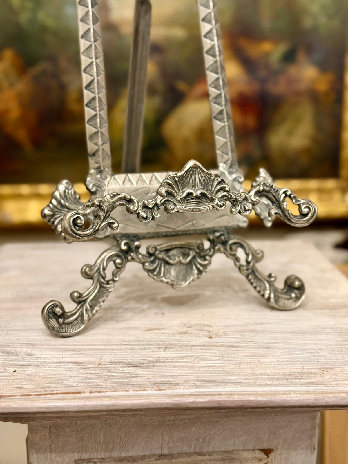 Vintage Ornate Silver-Toned Metal Display Easel with Rococo Scrollwork, 22.75”