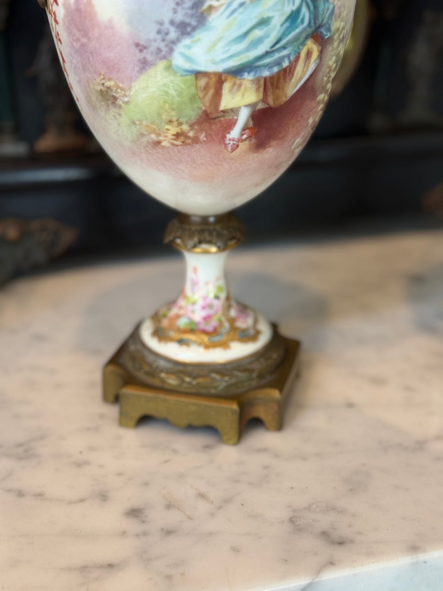 Pair of Antique Hand-Painted Sèvres-Style Porcelain Lidded Urns with Ormolu Mounts