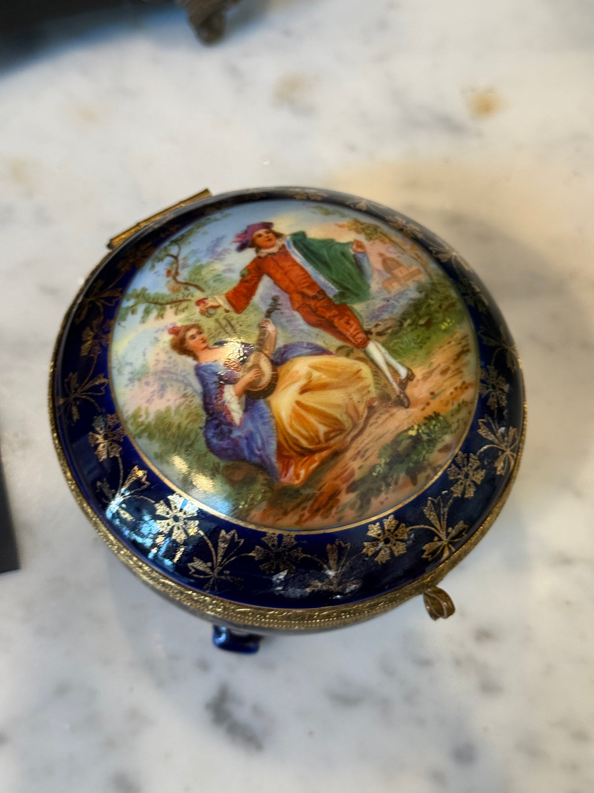 French Limoges-Style Cobalt Porcelain & Gilt-Metal Casket Box