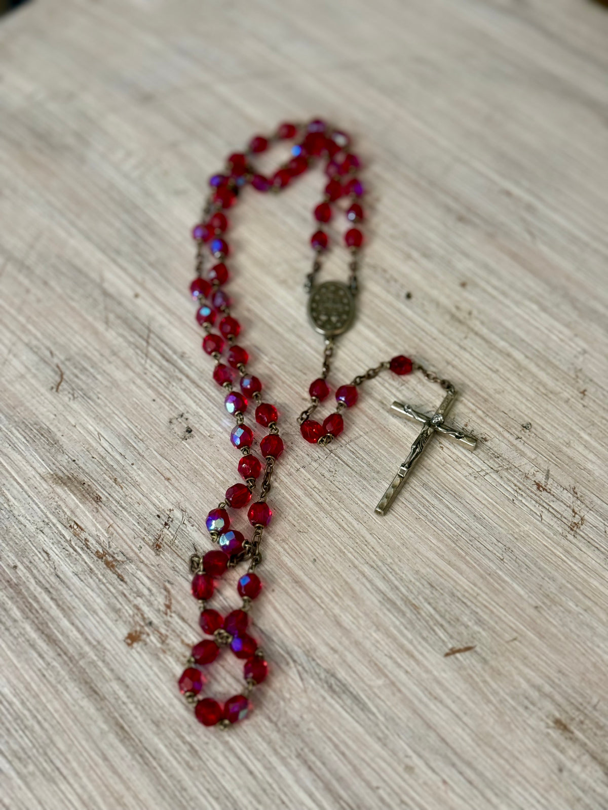 Vintage Iridescent Ruby Red Glass Catholic Rosary with Miraculous Medal