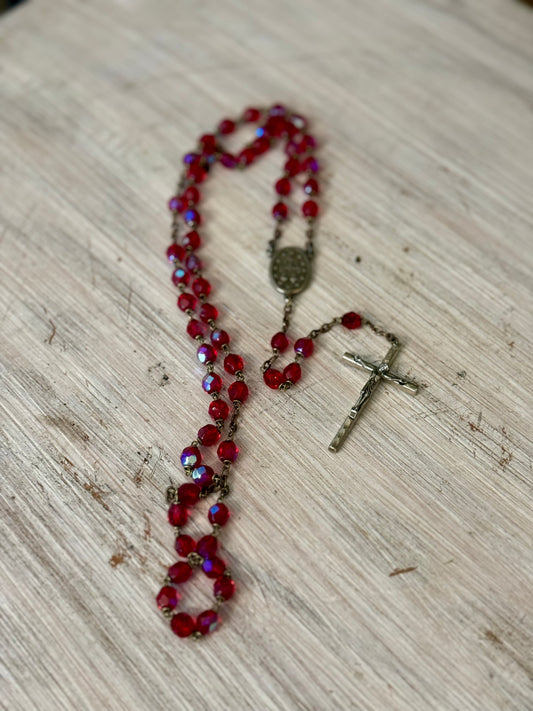 Vintage Iridescent Ruby Red Glass Catholic Rosary with Miraculous Medal