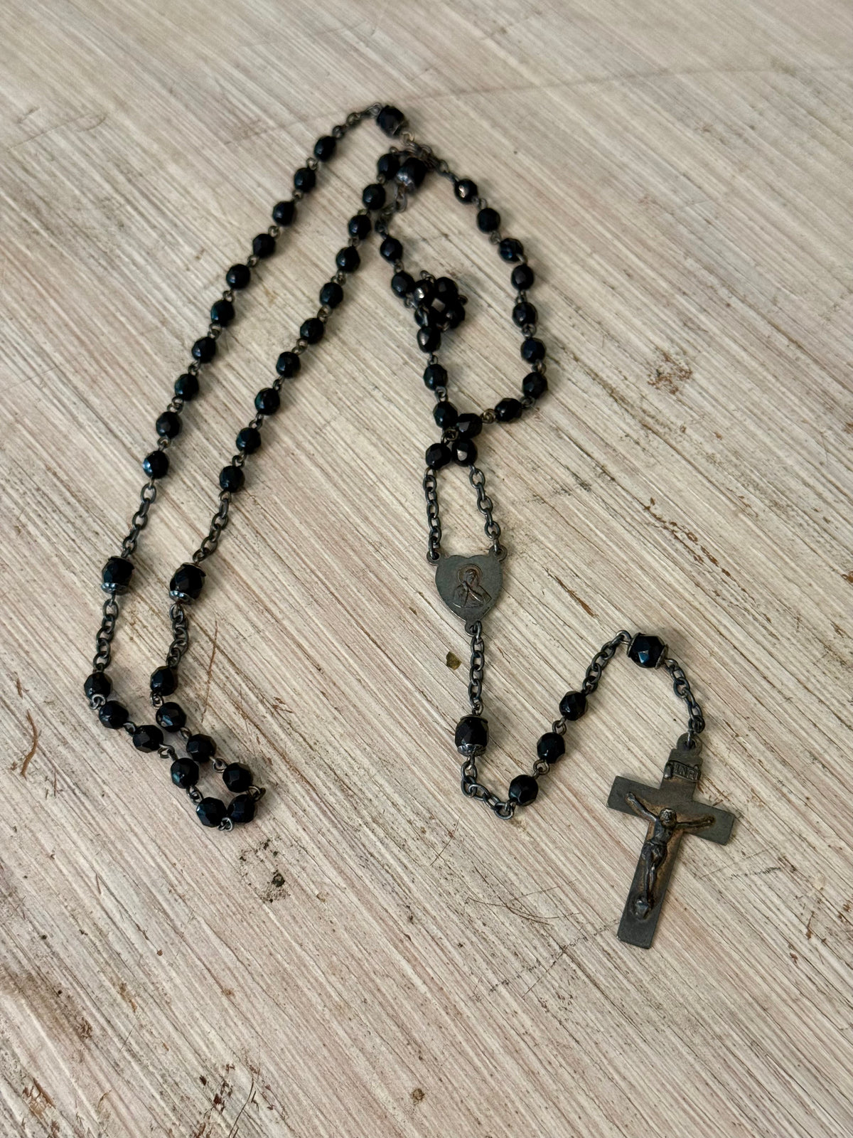 Vintage Black Faceted Glass Catholic Rosary with Marian Medal