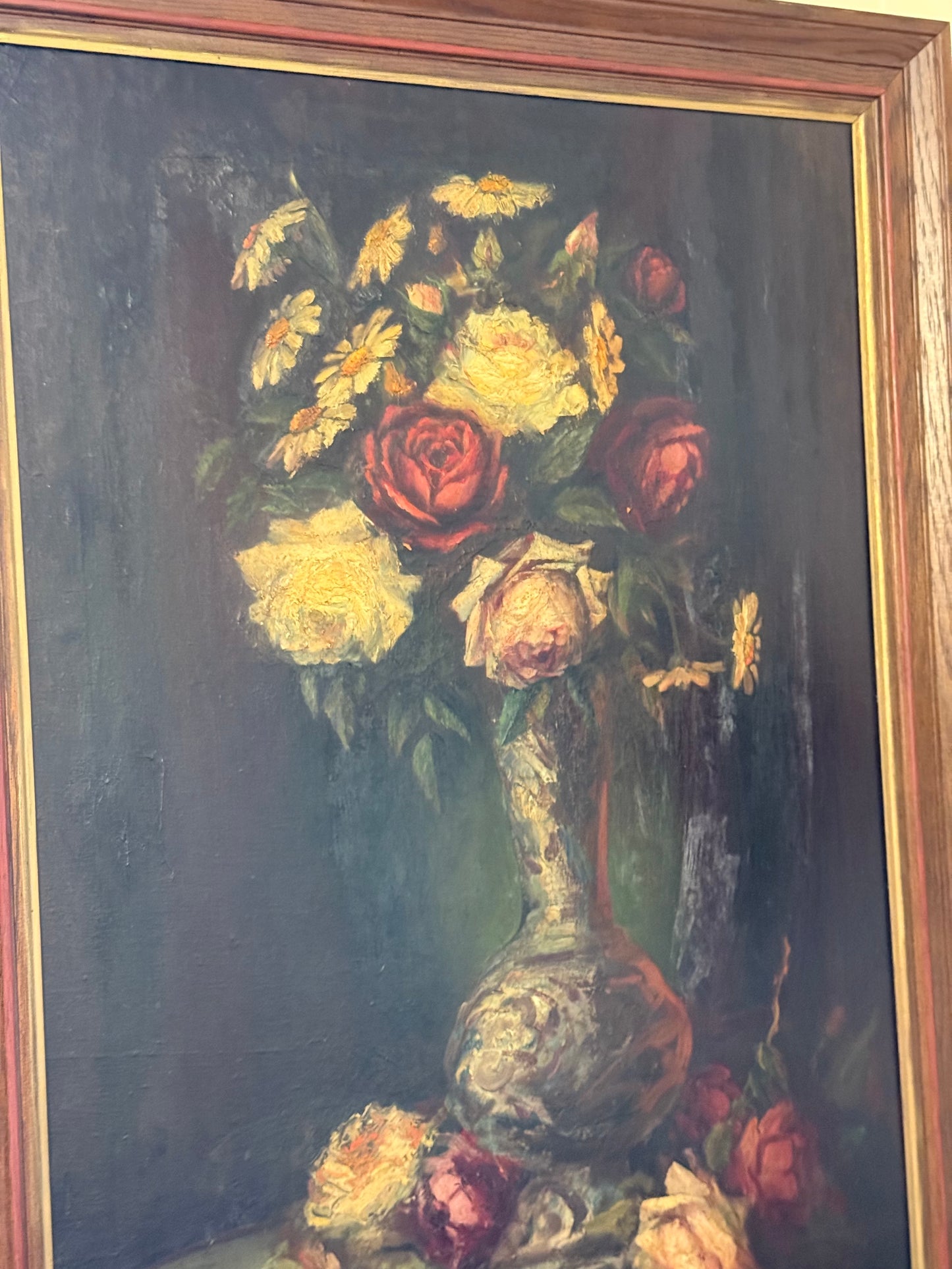 Antique Belgian Floral Still Life Oil Painting | Roses and Daisies in Vase | Framed Oil on Canvas Mounted to Board