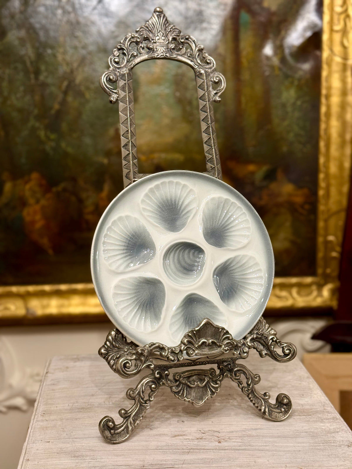 Vintage French Moulin des Loups Orchies Oyster Plate, Blue Gray Glaze, 9.5”