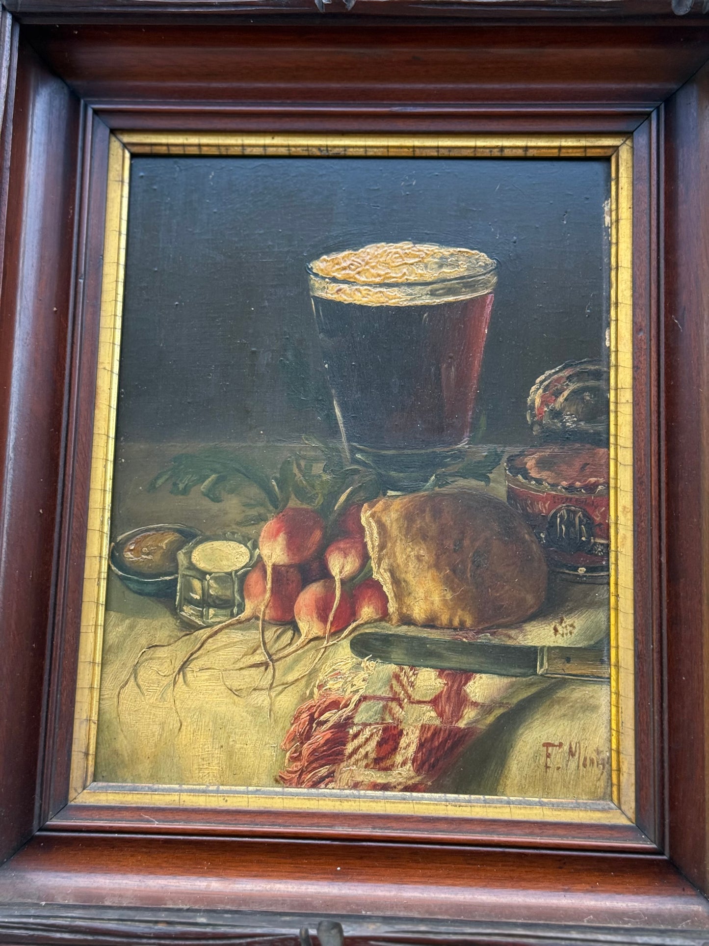 Antique Still Life Oil on Board | Signed F. Monty | Tavern Table Scene | Original 19th c. Walnut Frame