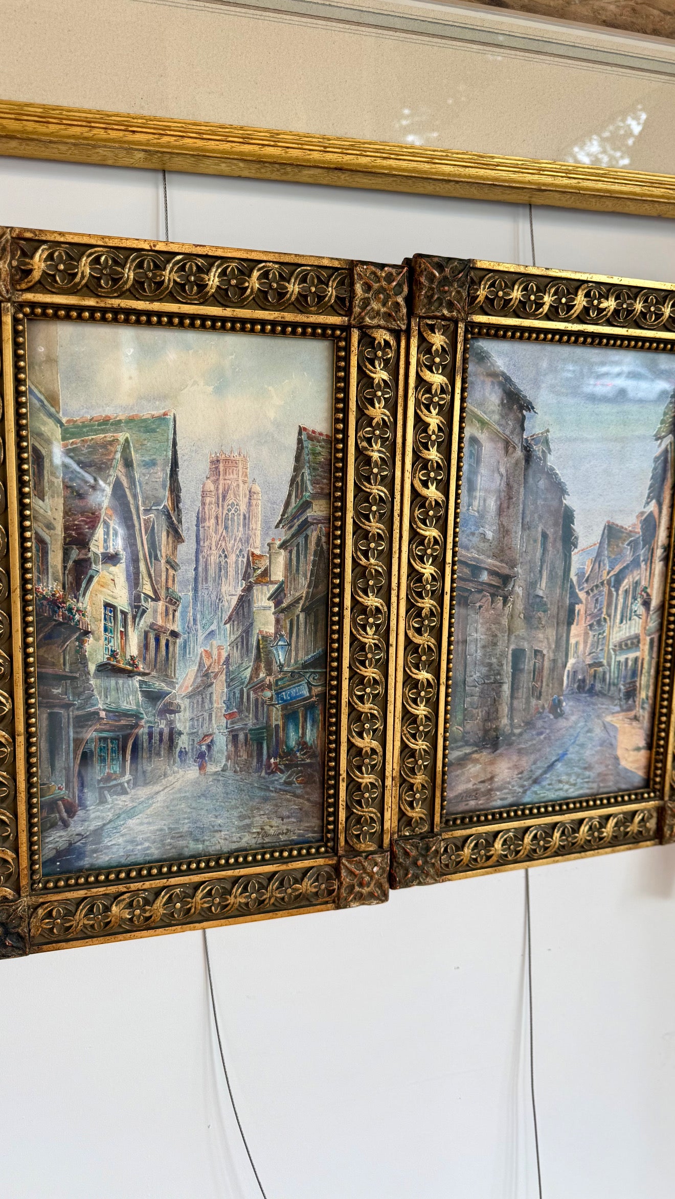 Pair of Signed French Village Street Scene Watercolors by M. Guillebert in Gothic Revival Frames