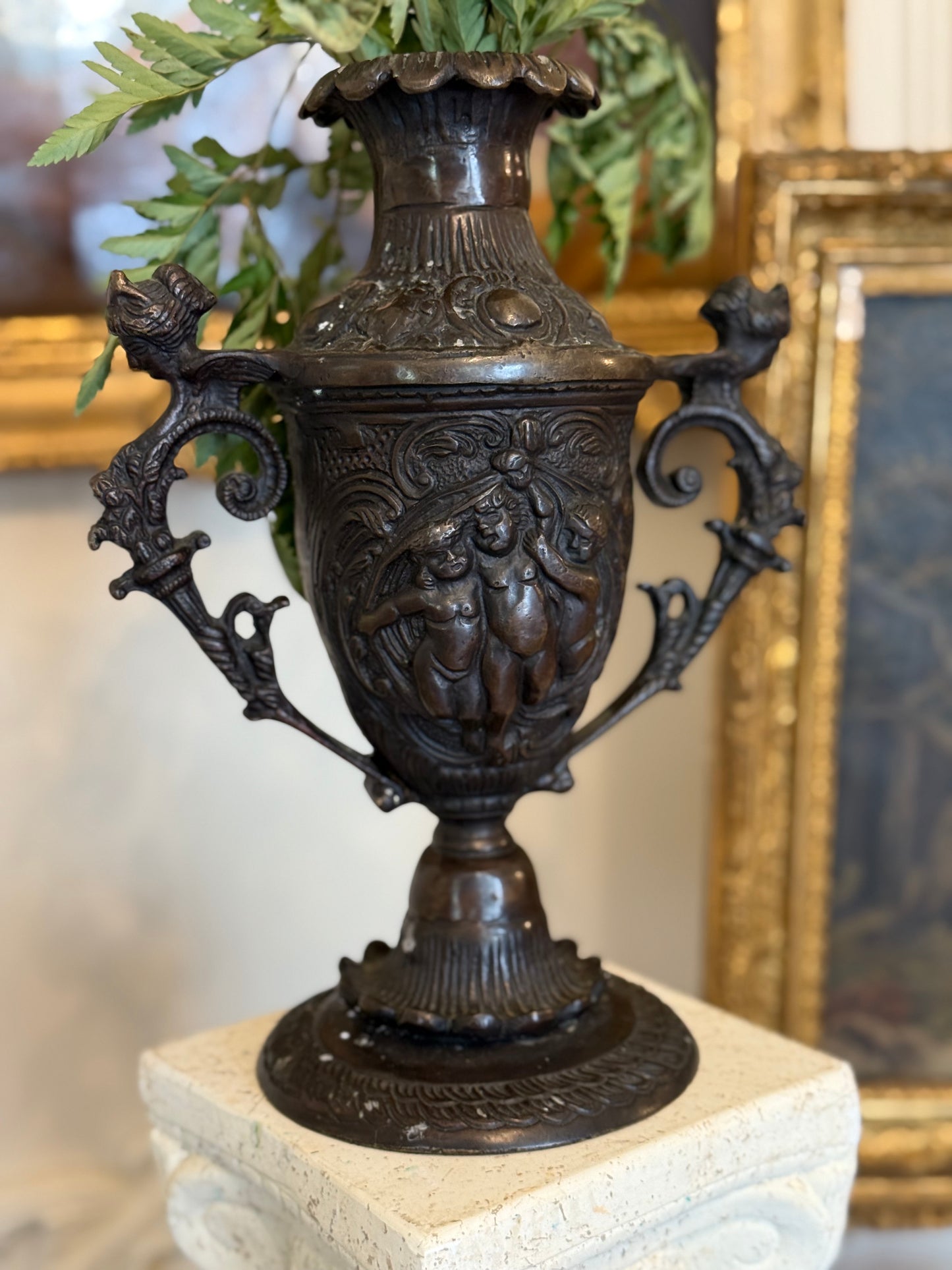 Antique Cast Bronze Figural Urn Vase