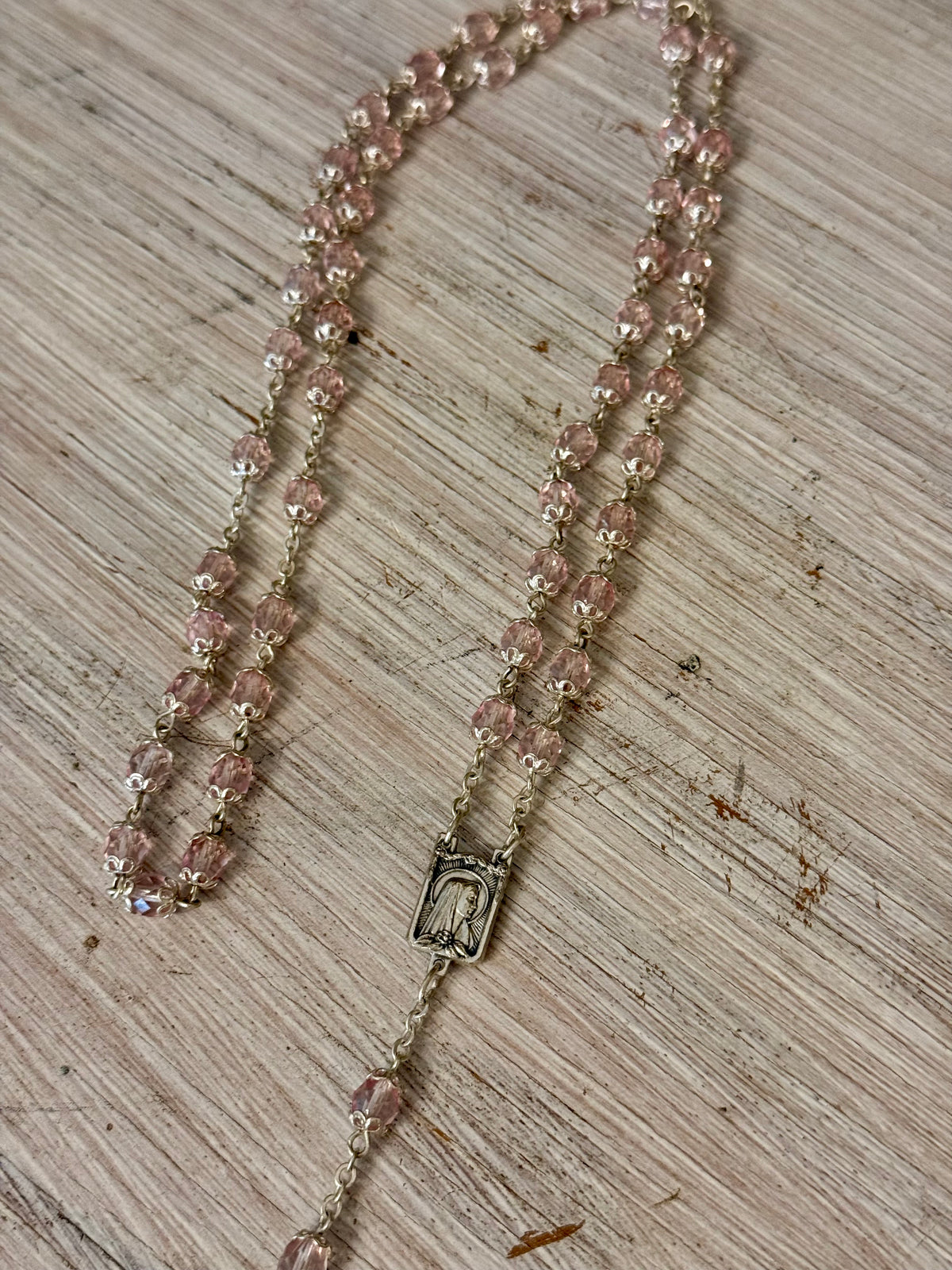 Vintage Pale Pink Faceted Glass Catholic Rosary with Marian Medal