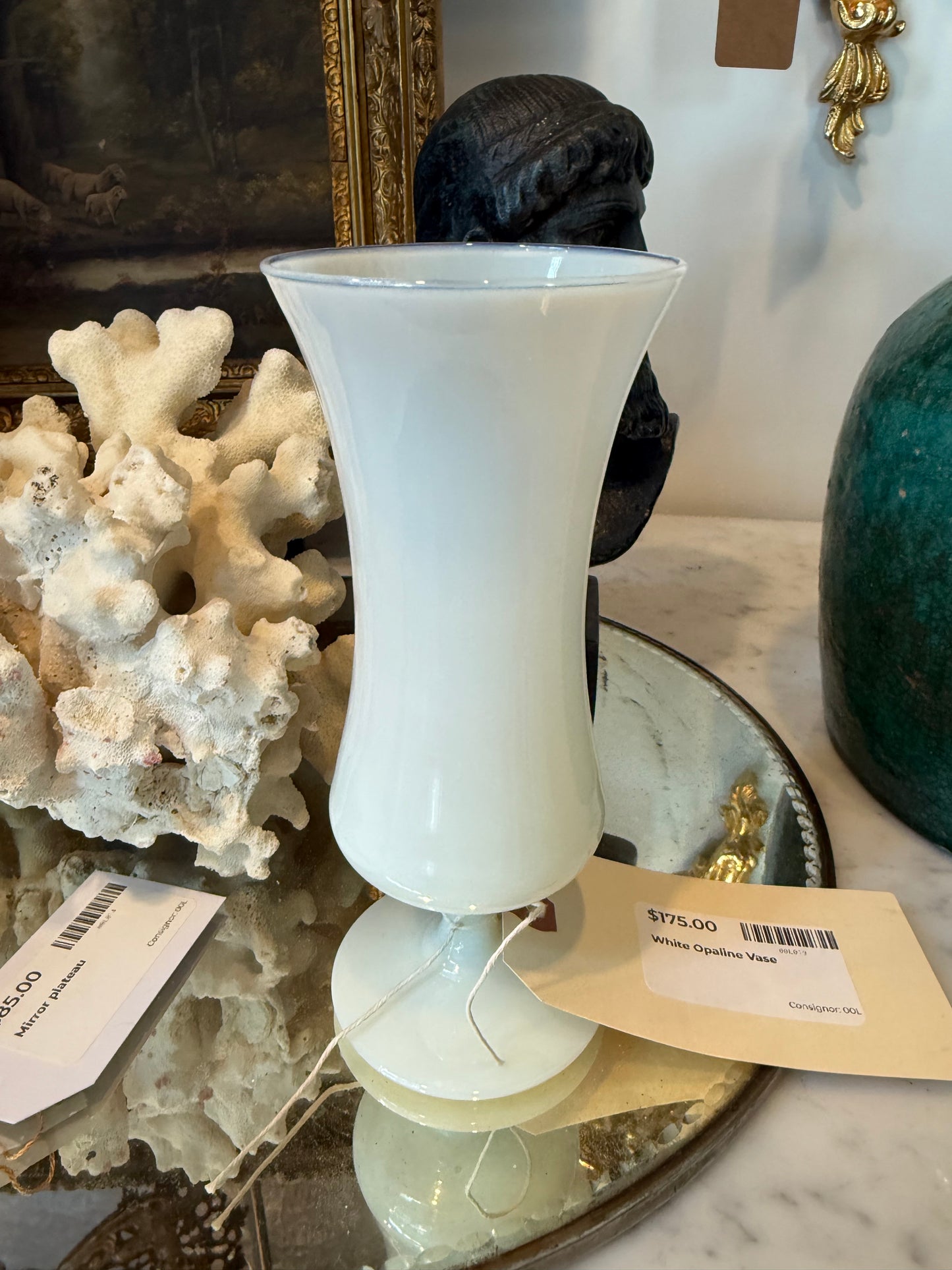 Vintage White Opaline Glass Pedestal Vase