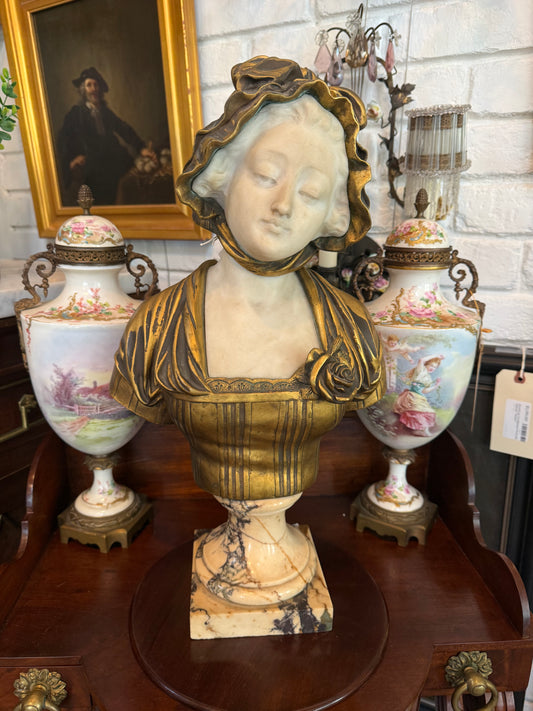 French Marble and Patinated Bronze Maiden Bust, After Jean-Baptiste Greuze