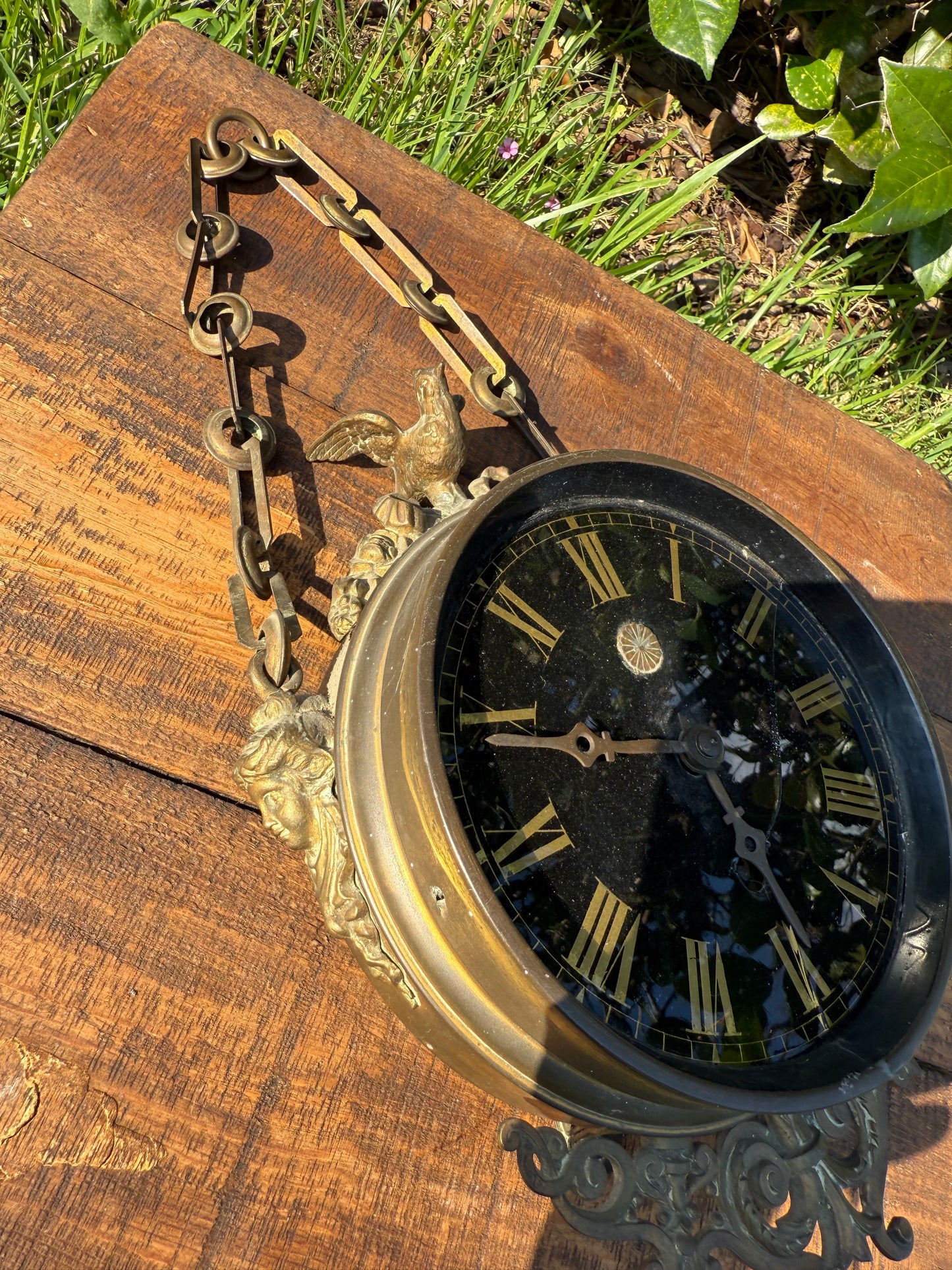 Late 19th Century Gilt Brass Wall Clock with Classical Female Figures & Bird Finial (Non-Functional)