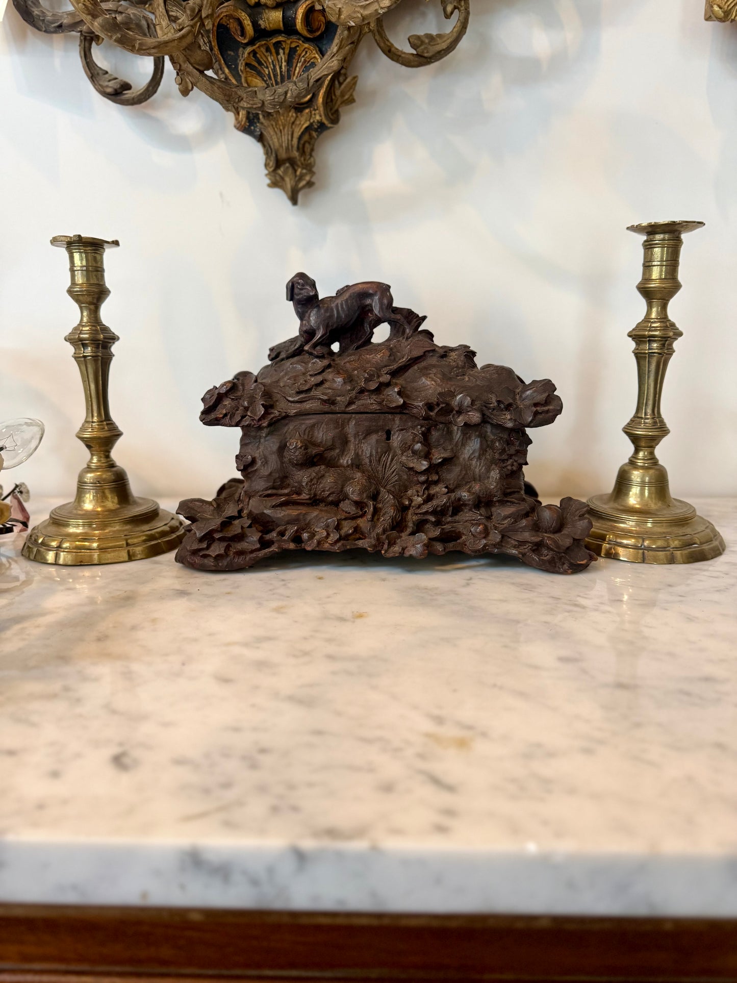 Antique Black Forest Carved Hunt Scene Box with Dog Scene