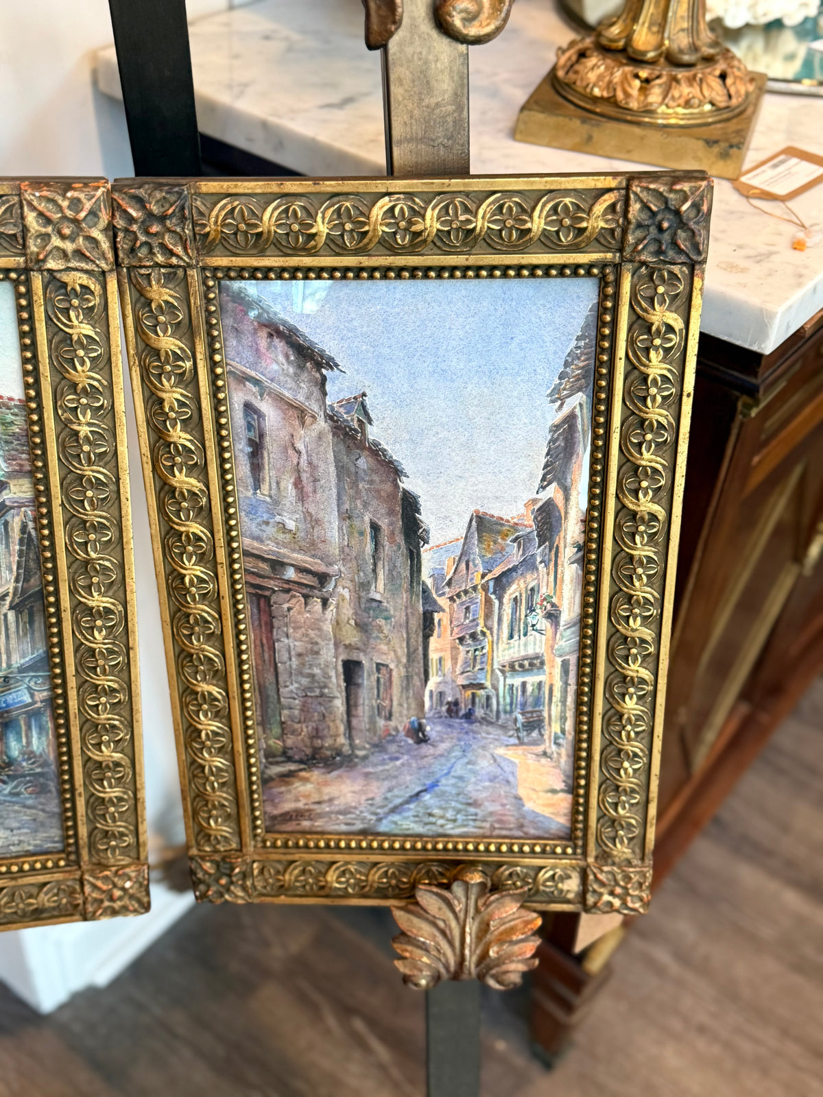 Pair of Signed French Village Street Scene Watercolors by M. Guillebert in Gothic Revival Frames