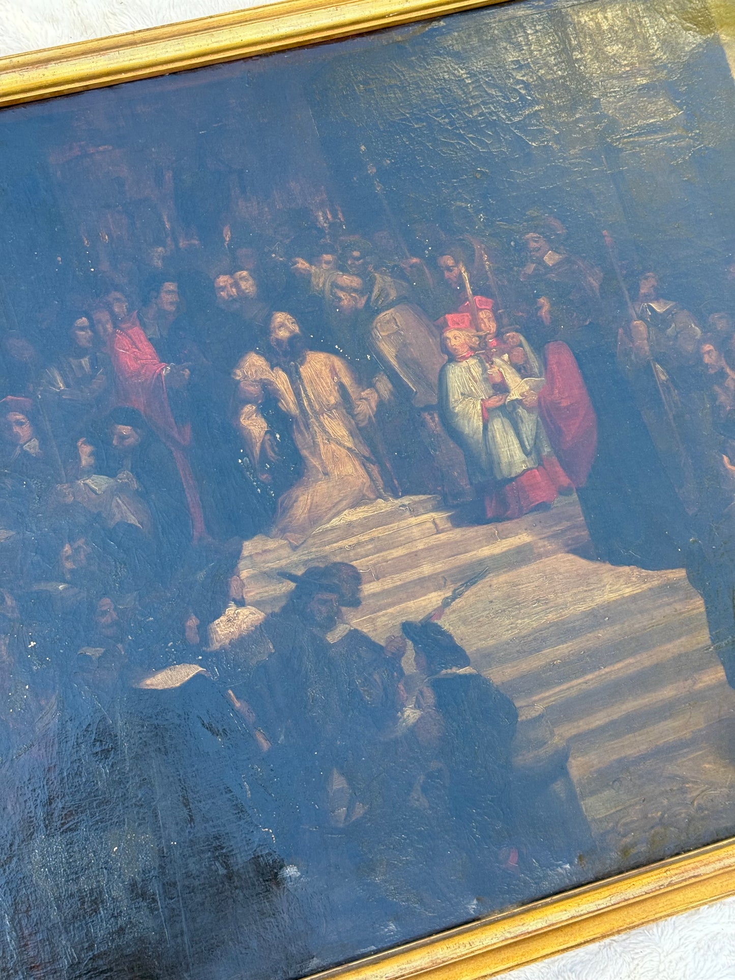 Huge Mid-19th Century Continental Public Penance Tribunal Scene – Dramatic Historic Oil Painting (35x42”)