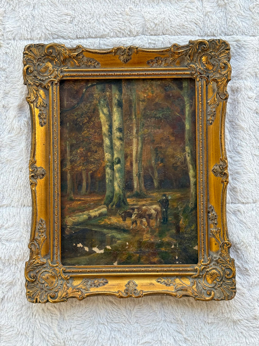 19th-Century Continental Woodland Landscape with Cattle & Herdsman
Oil on Canvas, c. 1860–1890 (9×12 canvas, 12×15 framed)