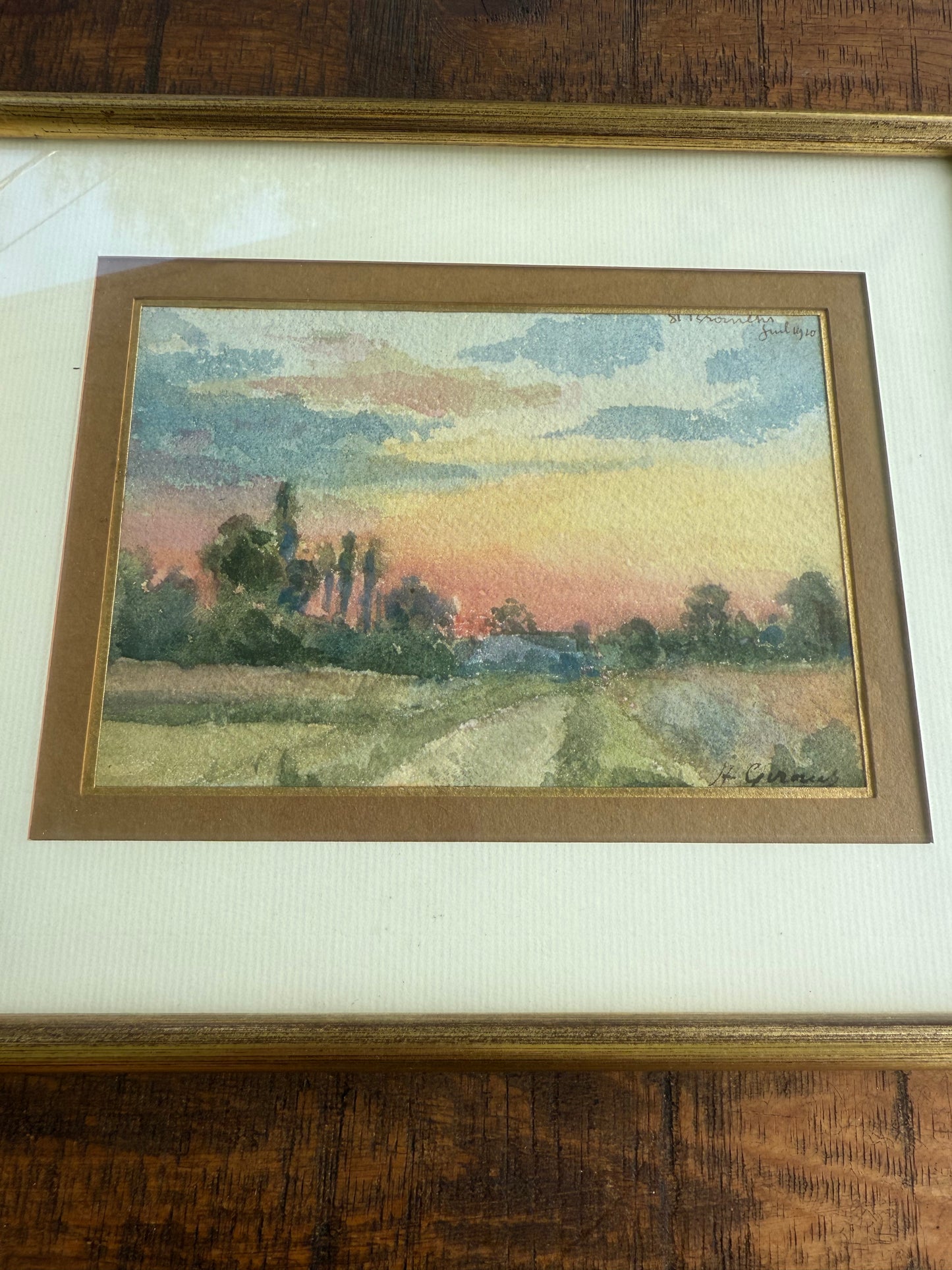 A. Giraud (1910) French School Influence Watercolor – Countryside Road at Sunset