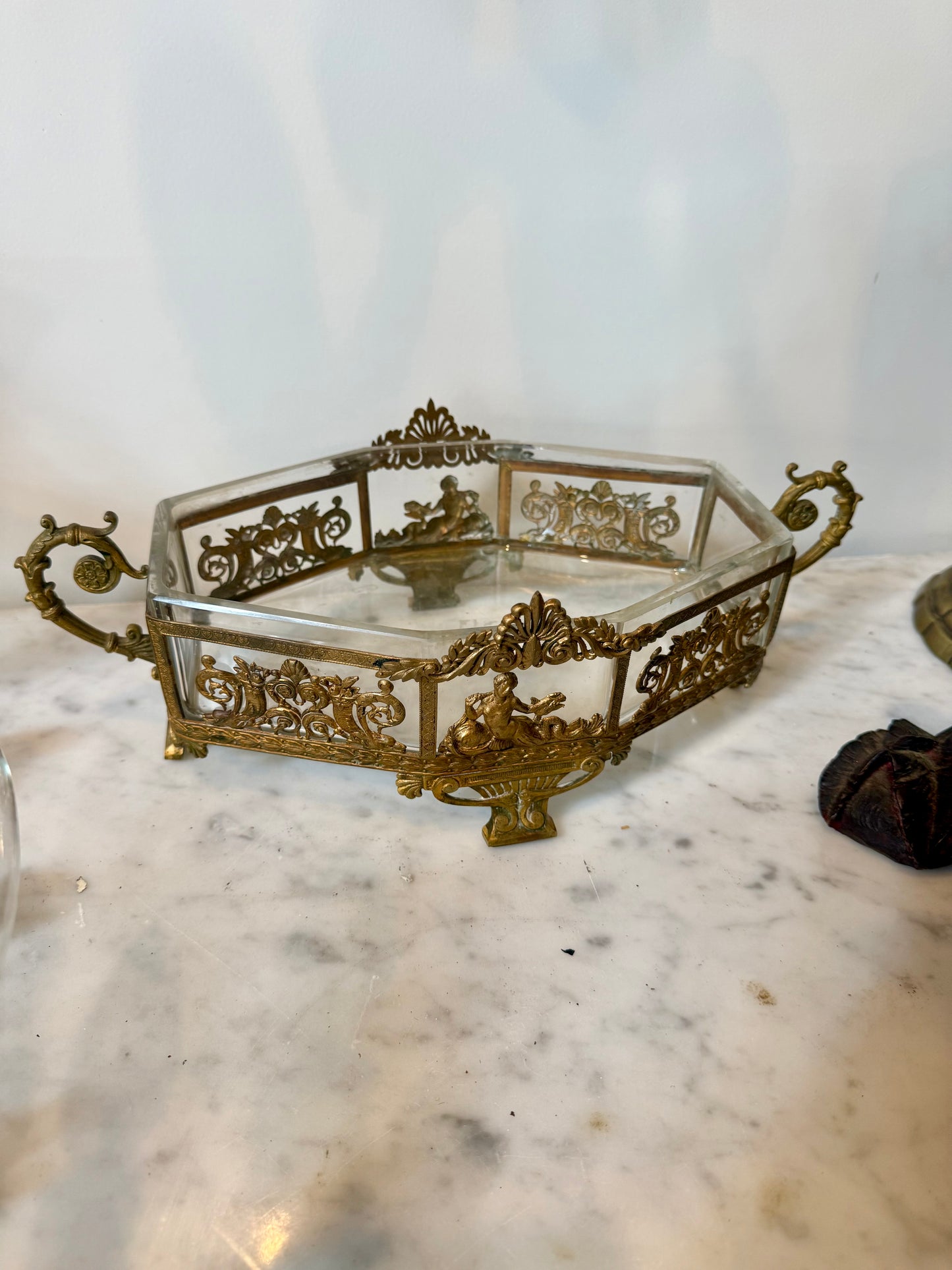Antique French Gilt Brass Centerpiece with Glass Insert and Mermaid Mounts, Circa 1880-1900