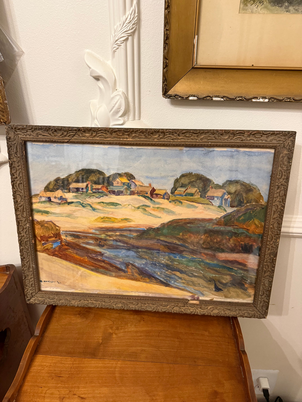 W. Hayden, 1931 Original Coastal Landscape Watercolor in Ornate Antique Frame