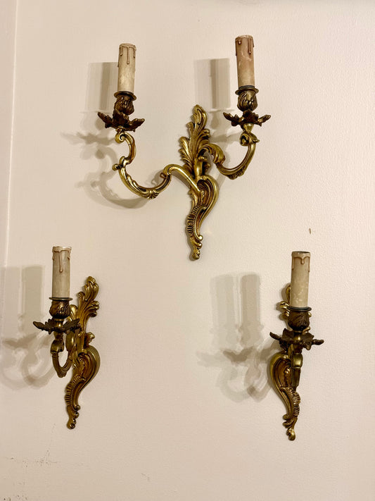 Mid-Century French Brass Rococo Revival Wall Sconces | Set of Three