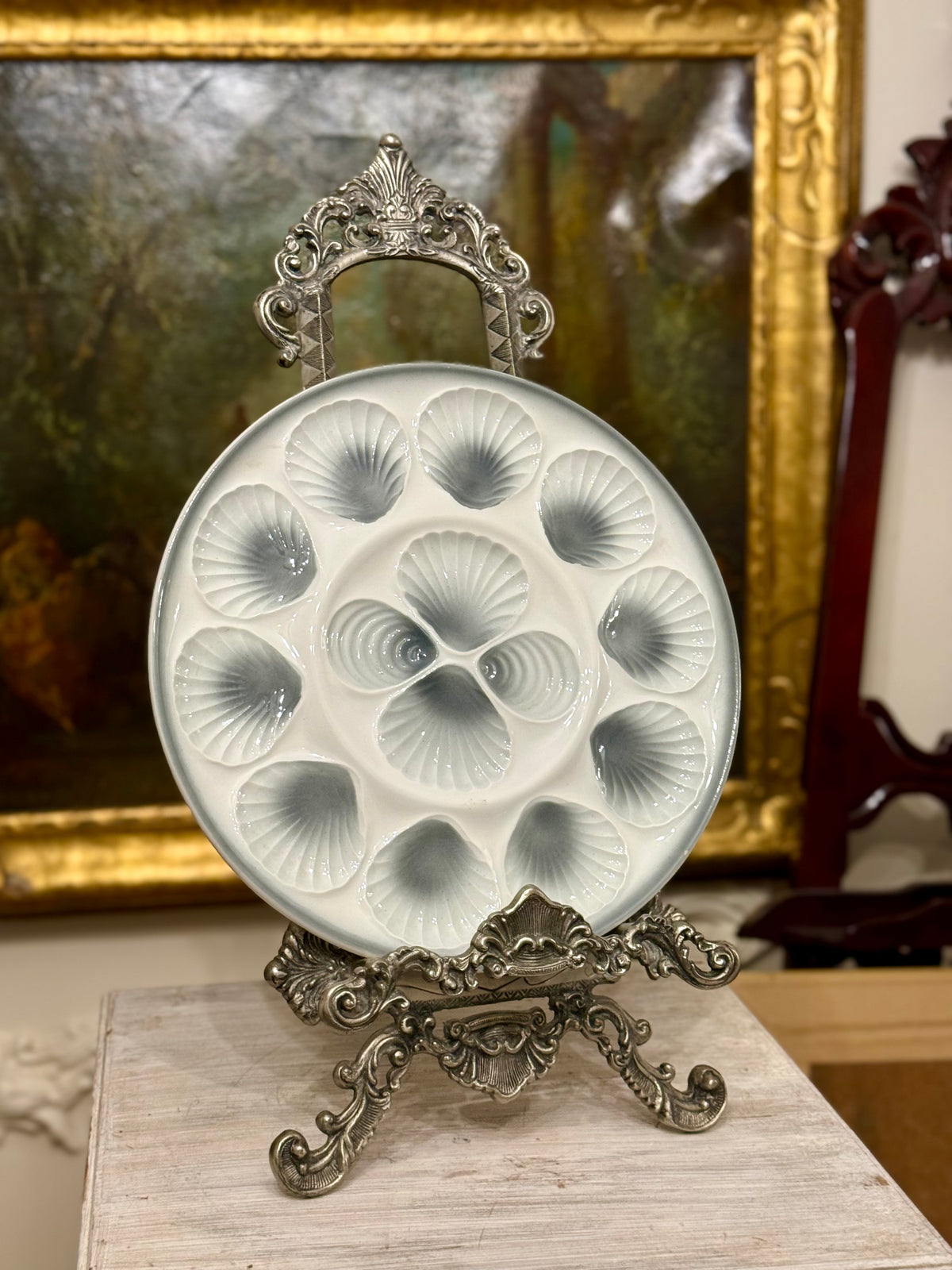 Vintage French Moulin des Loups Large Oyster Platter, Blue Gray and White, 13”