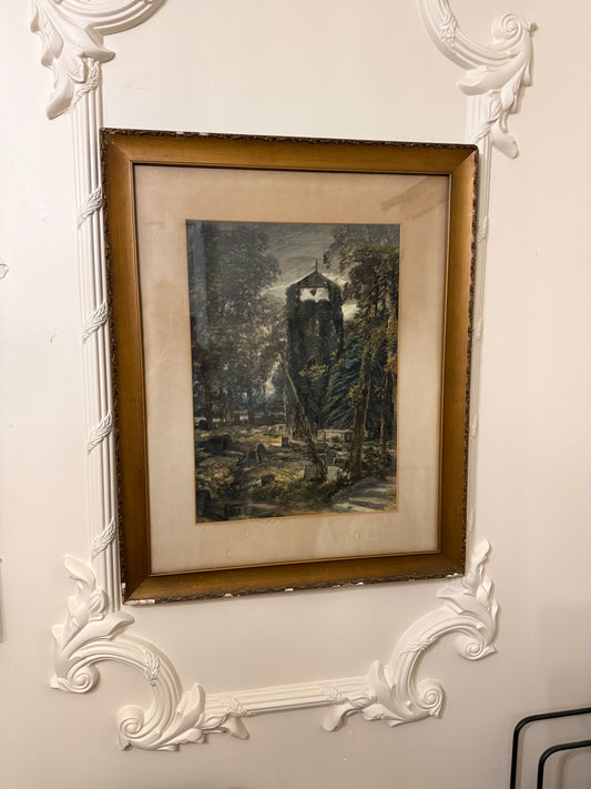 George Fotherly Hargitt, 1912 Antique Cemetery and Church Watercolor Landscape