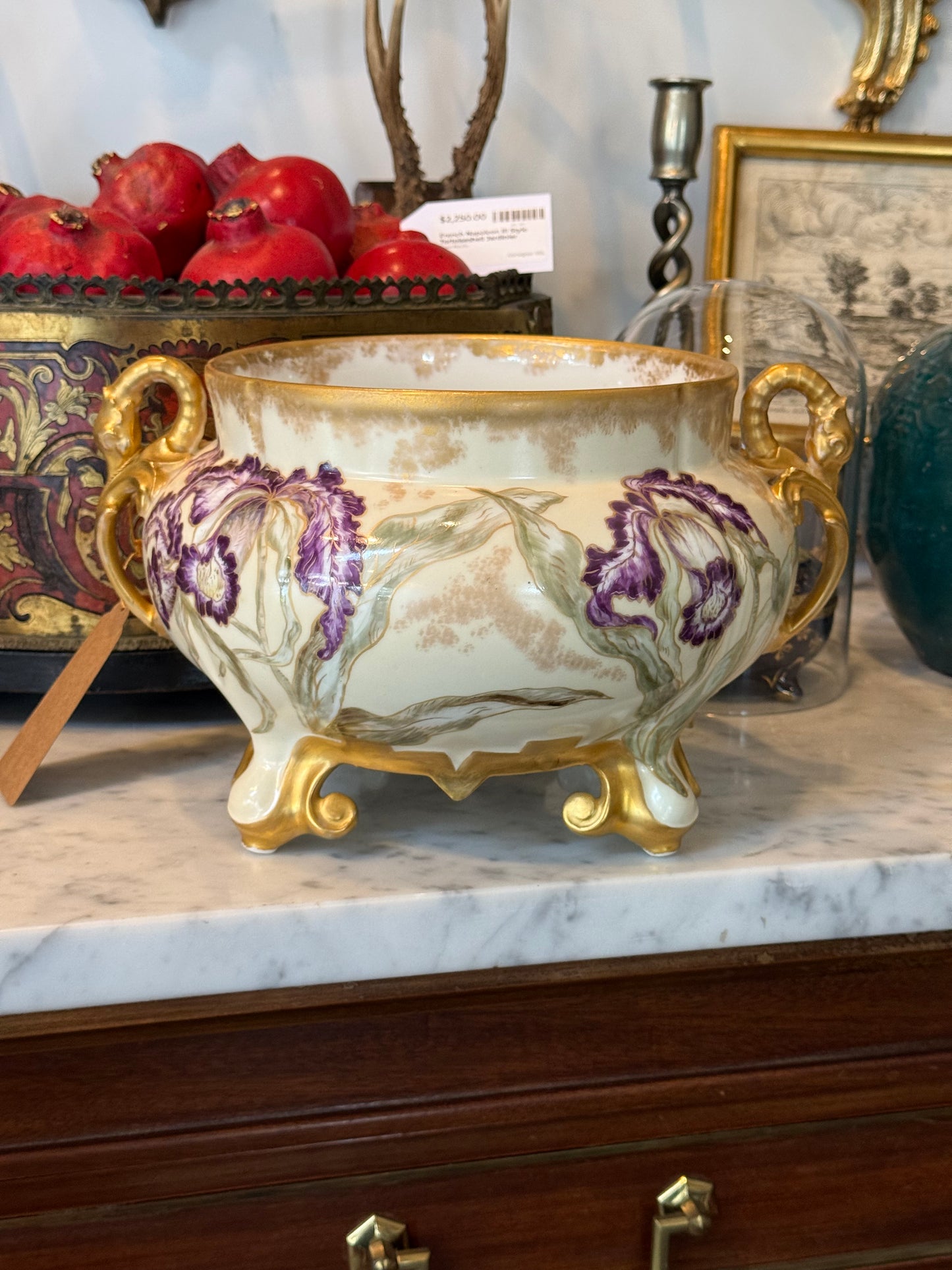 Antique Hand-Painted Limoges Porcelain Jardinière with Purple Irises & Gilt Handles