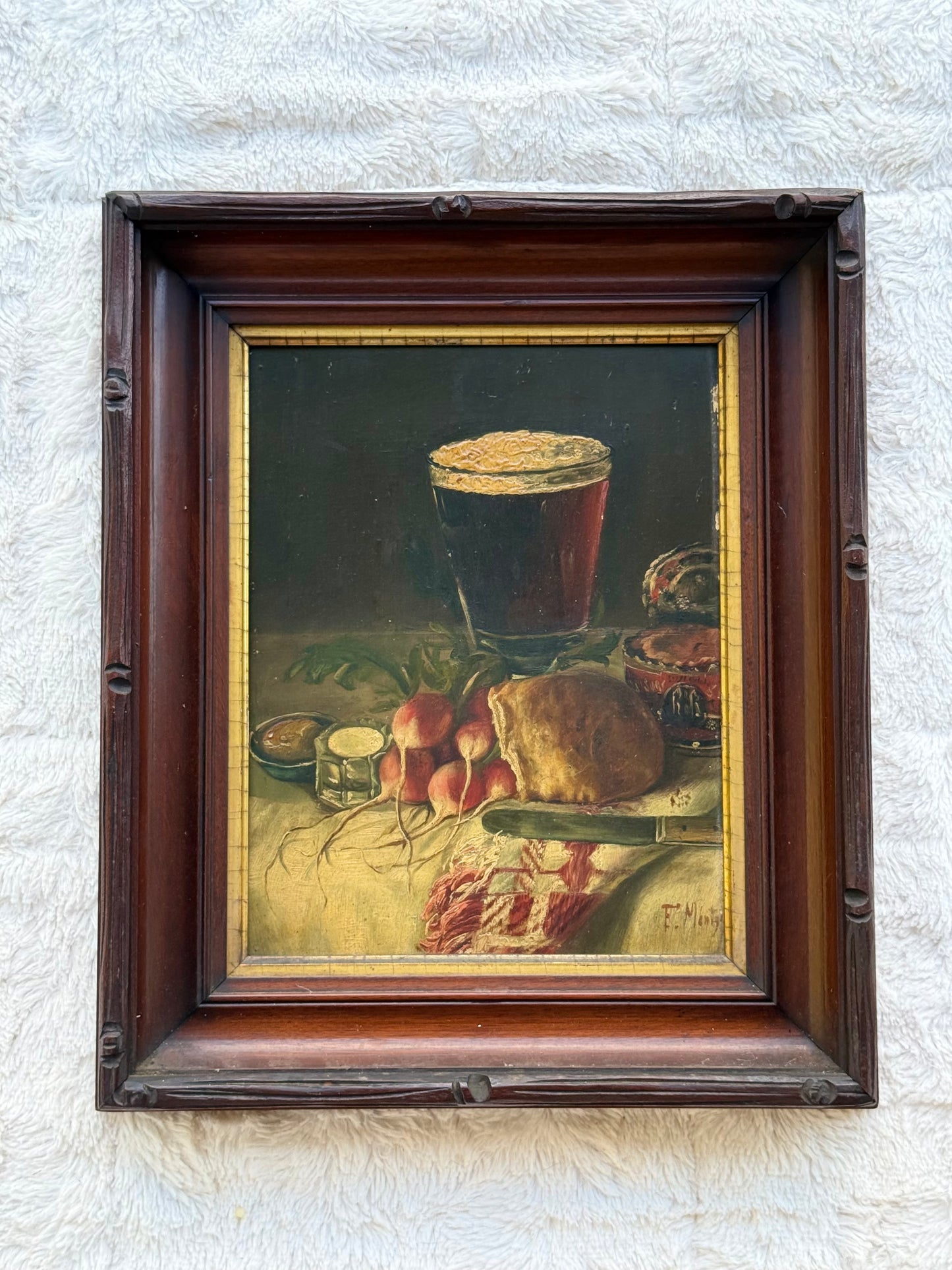 Antique Still Life Oil on Board | Signed F. Monty | Tavern Table Scene | Original 19th c. Walnut Frame