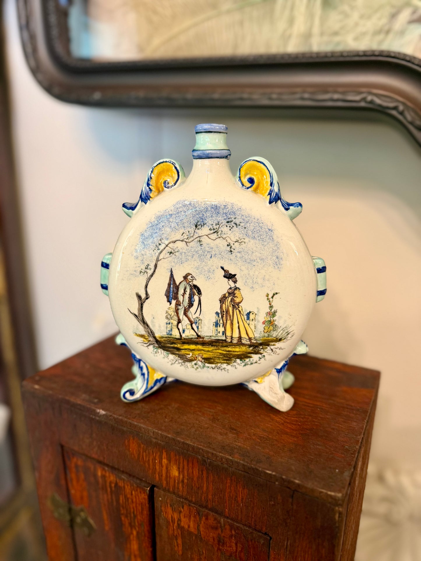 Antique French Faience Pilgrim Flask with Rococo Courtly Scenes