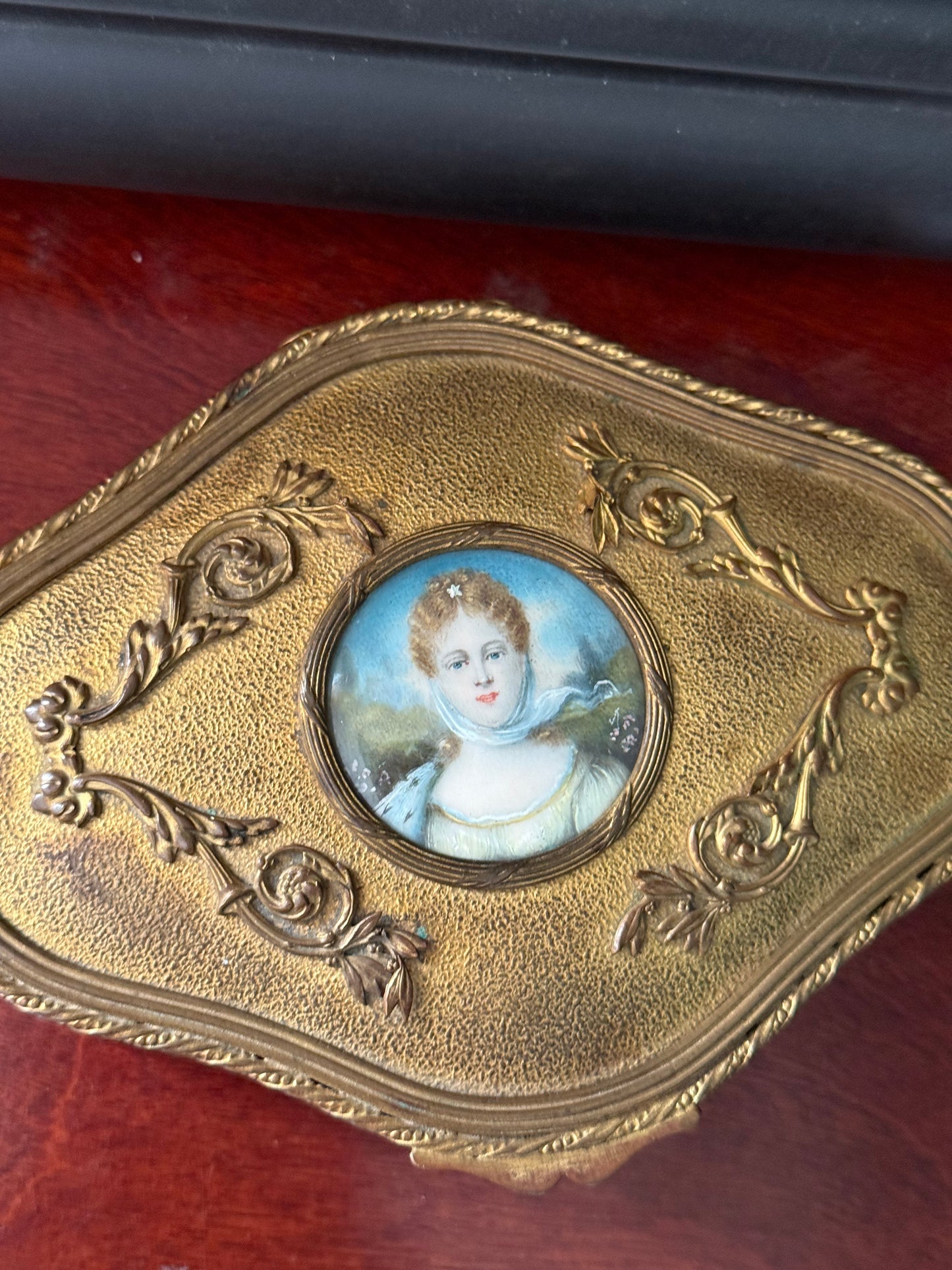 Antique Gilt Bronze Jewelry Box with Ivory Portrait Miniature, Continental Europe 19th c.