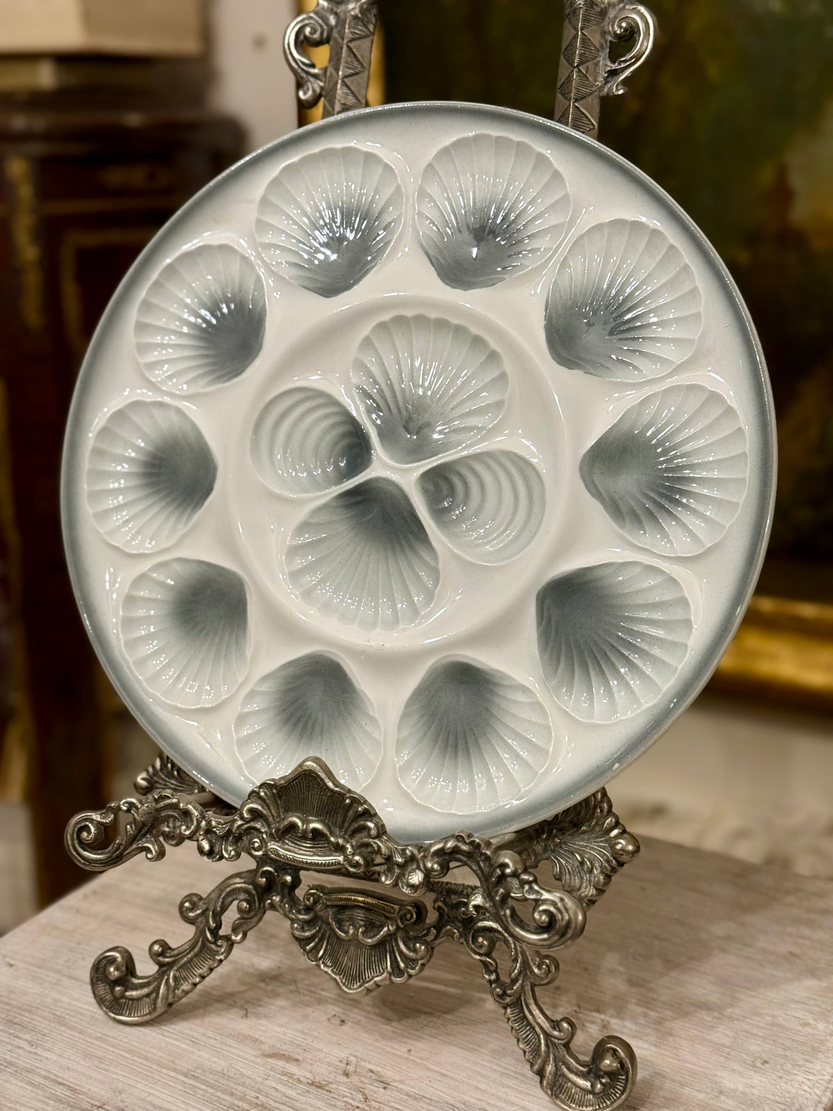 Vintage French Moulin des Loups Large Oyster Platter, Blue Gray and White, 13”