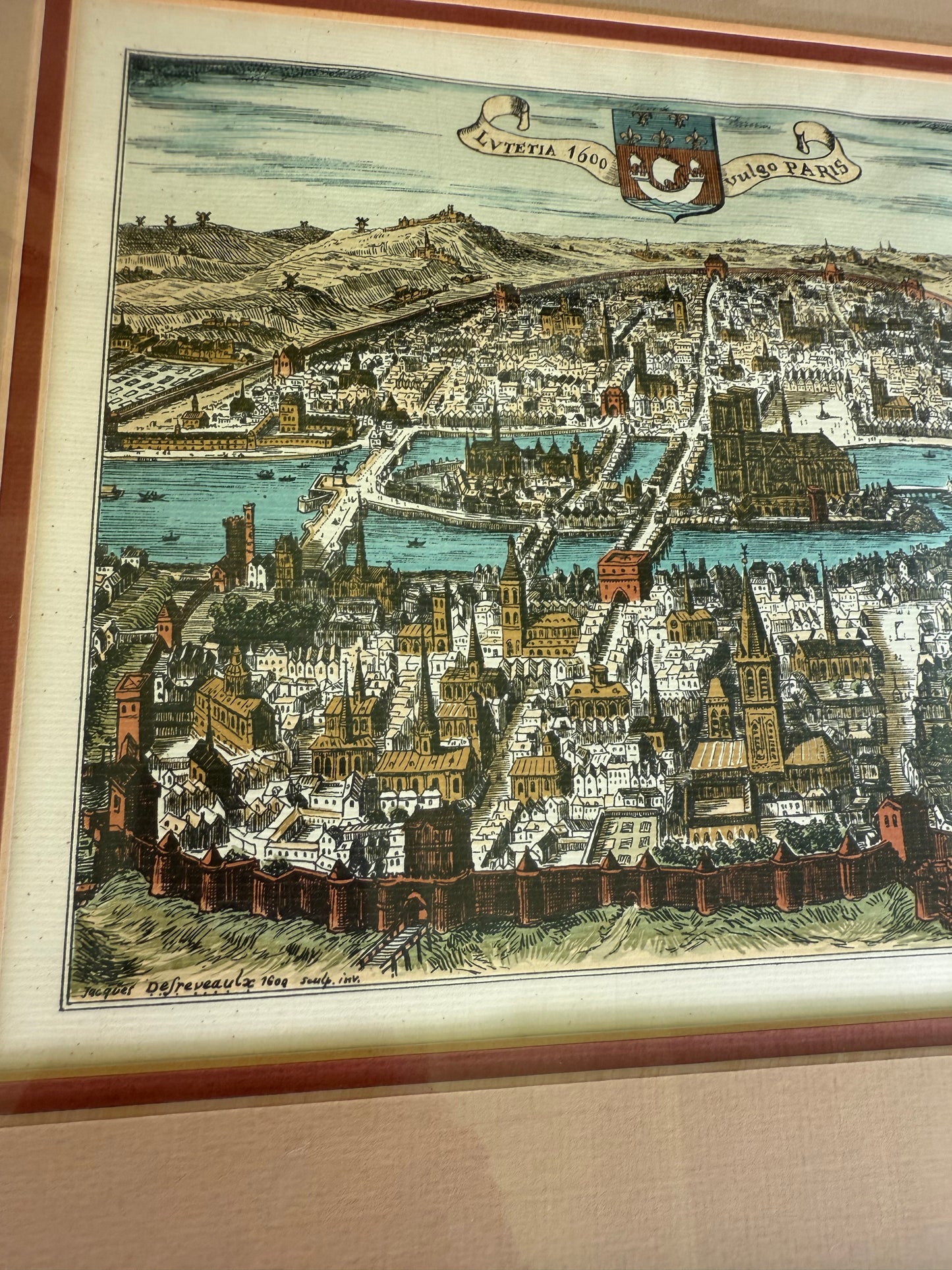 Hand-Colored Engraving of 1600 Paris by Jacques Desfreseaux – Framed