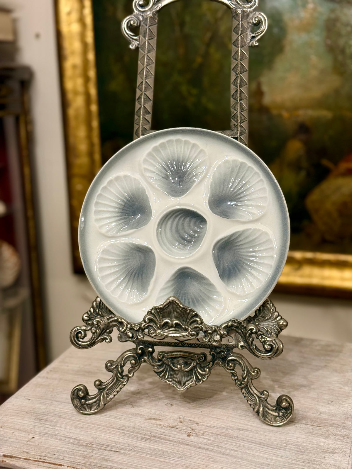 Vintage French Moulin des Loups Orchies Oyster Plate, Blue Gray Glaze, 9.5”