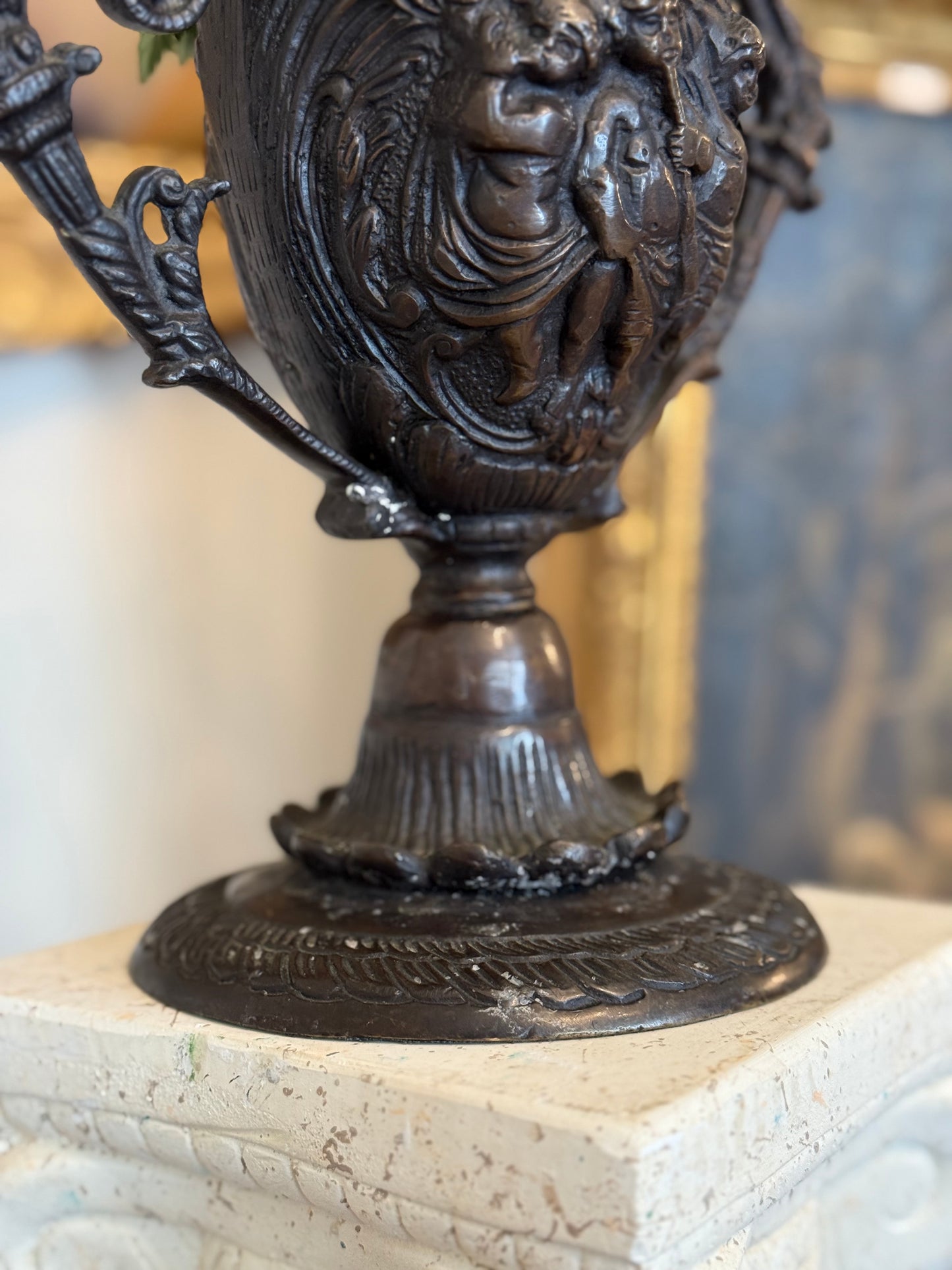 Antique Cast Bronze Figural Urn Vase