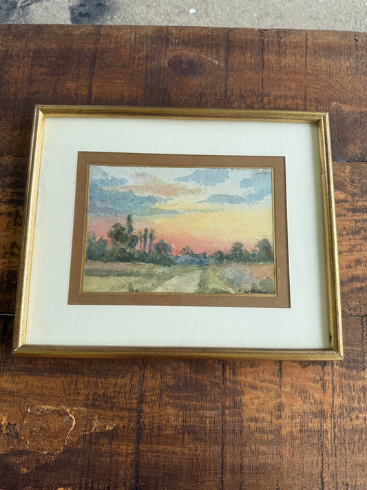 A. Giraud (1910) French School Influence Watercolor – Countryside Road at Sunset