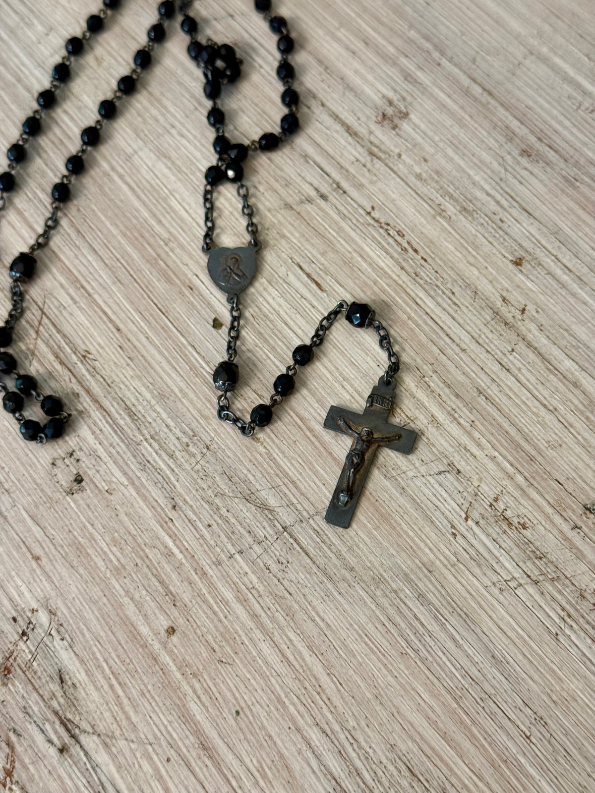 Vintage Black Faceted Glass Catholic Rosary with Marian Medal