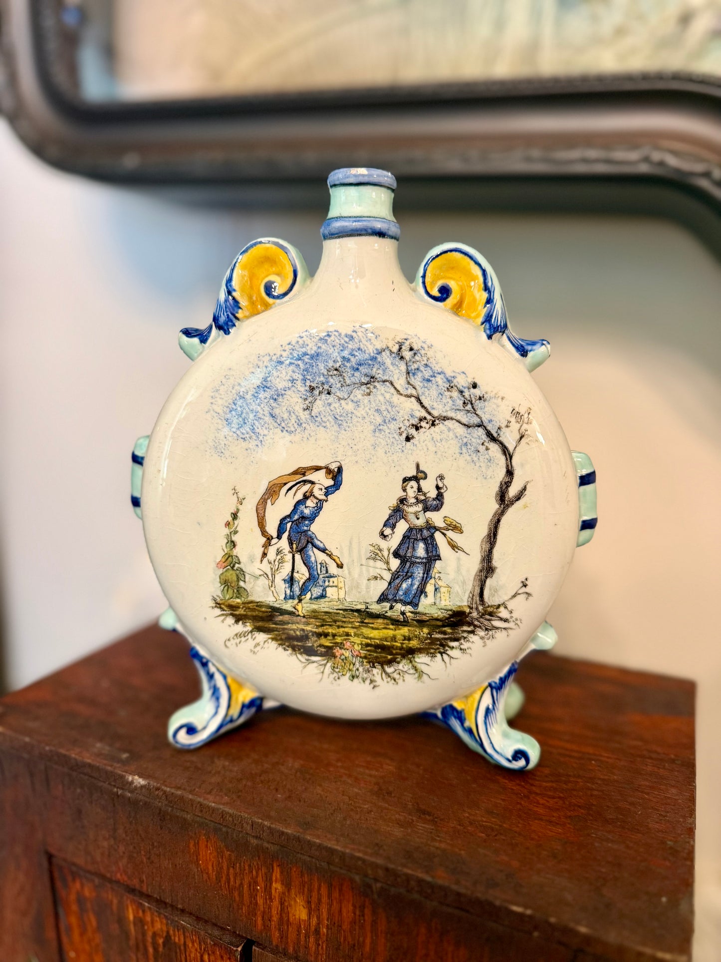 Antique French Faience Pilgrim Flask with Rococo Courtly Scenes