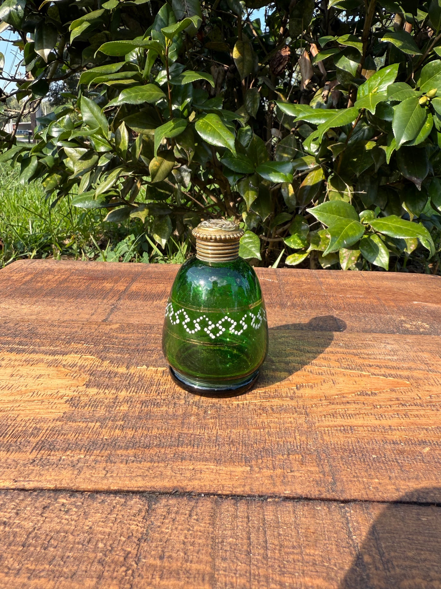 Victorian Green Glass Perfume Bottle with Brass Mounts, c. 1870–1890