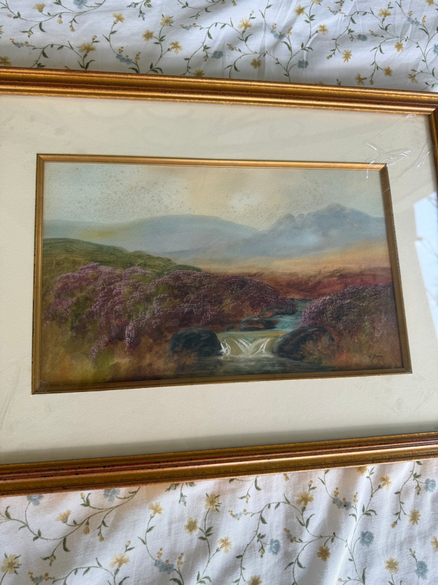 English School Style – Moorland Landscape with Stream, Signed Watercolor in Gilt Frame