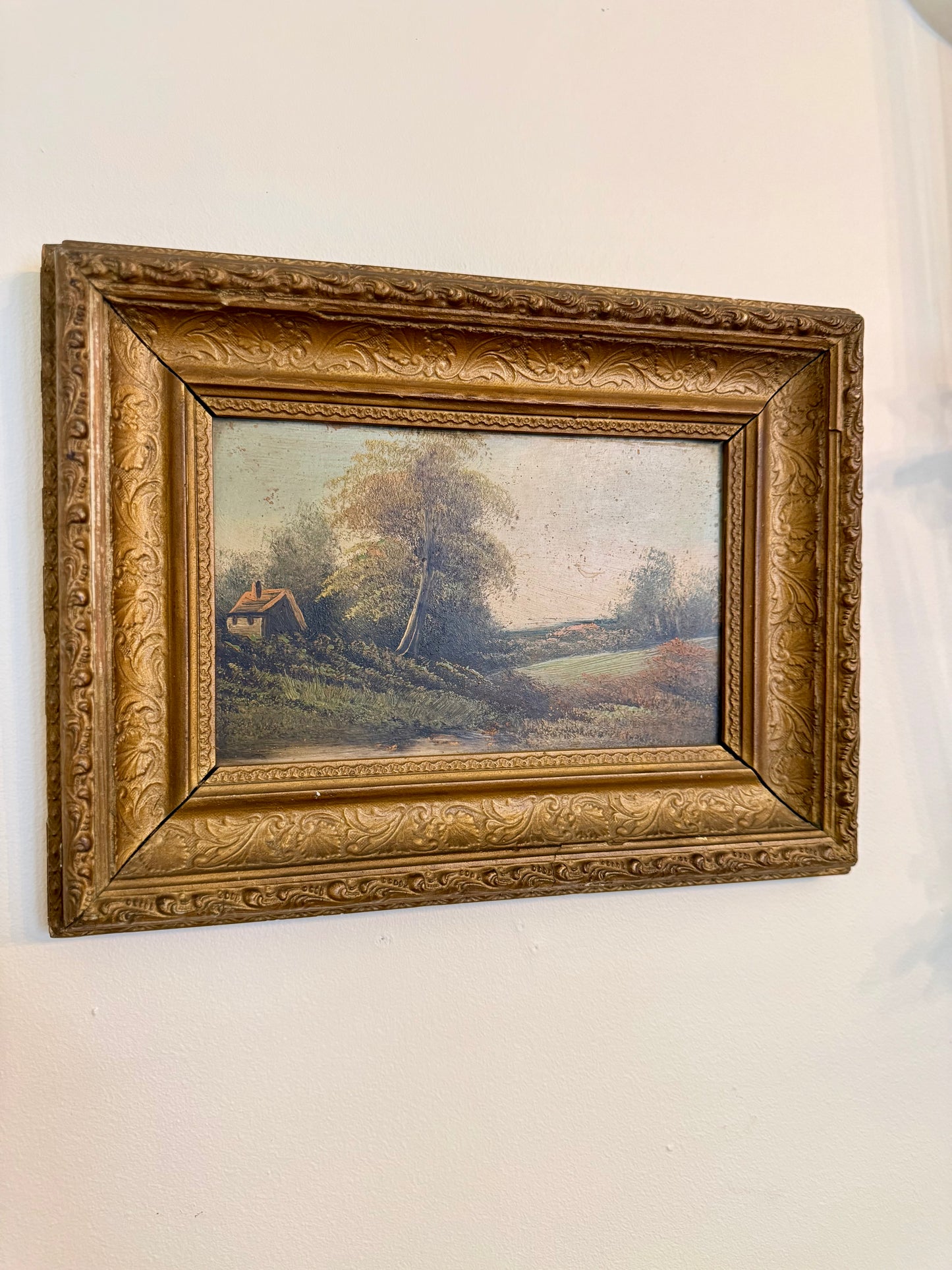 Antique Pastoral Landscape Oil on Board | Gilt Frame | Cottage Scene