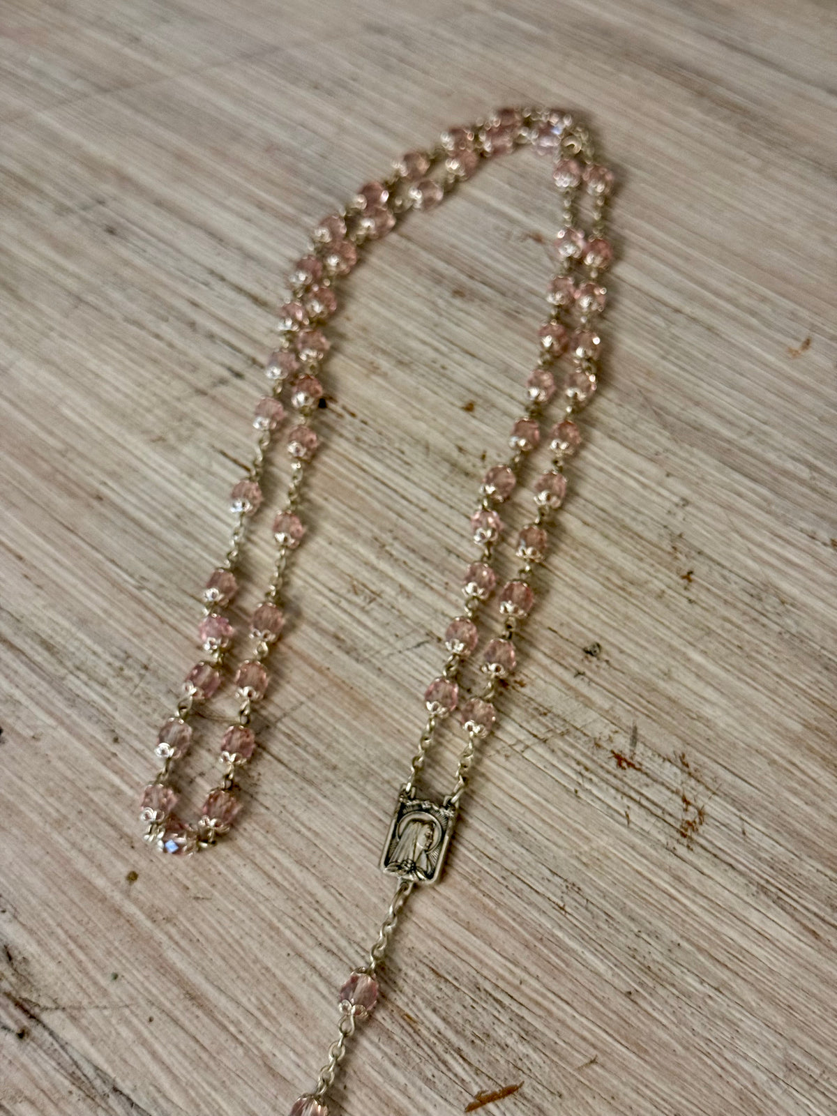 Vintage Pale Pink Faceted Glass Catholic Rosary with Marian Medal