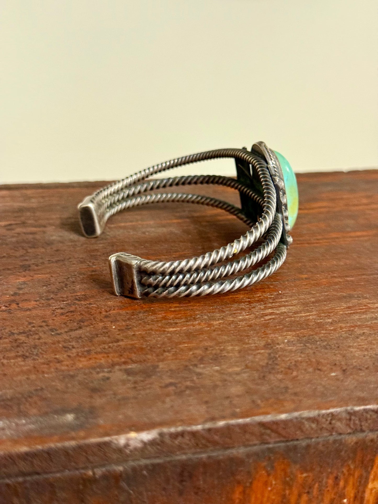 Vintage Navajo Three-Strand Twisted Wire Cuff Bracelet with Green Stone