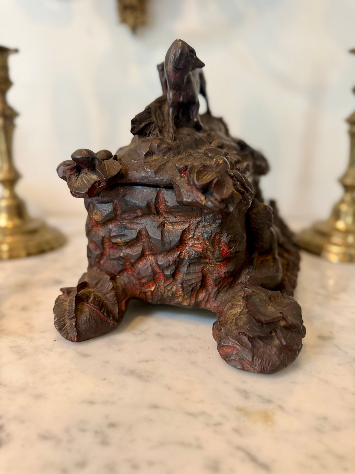 Antique Black Forest Carved Hunt Scene Box with Dog Scene