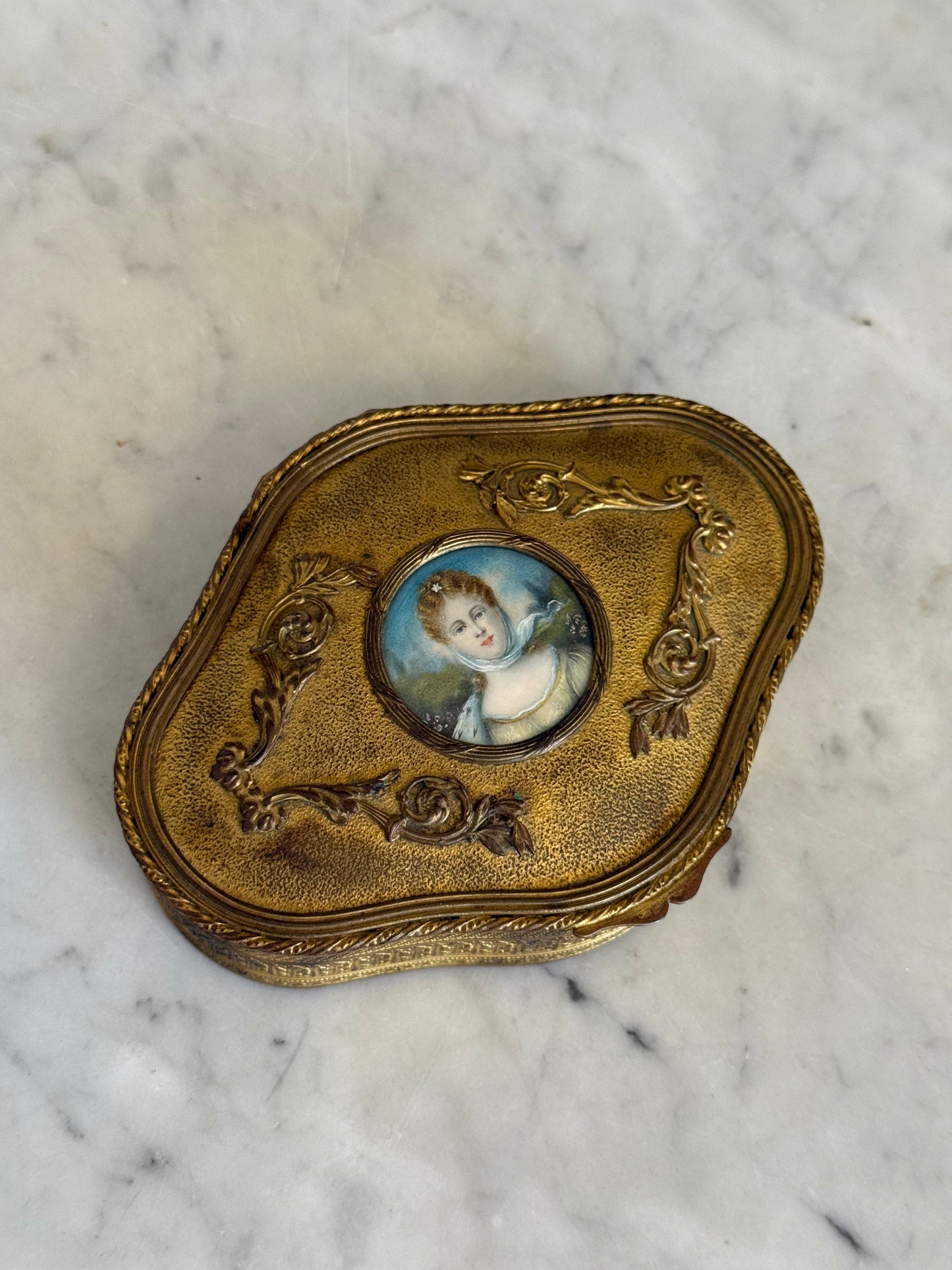 Antique French Gilt Jewelry Casket with Portrait Miniature Lid, Velvet Interior