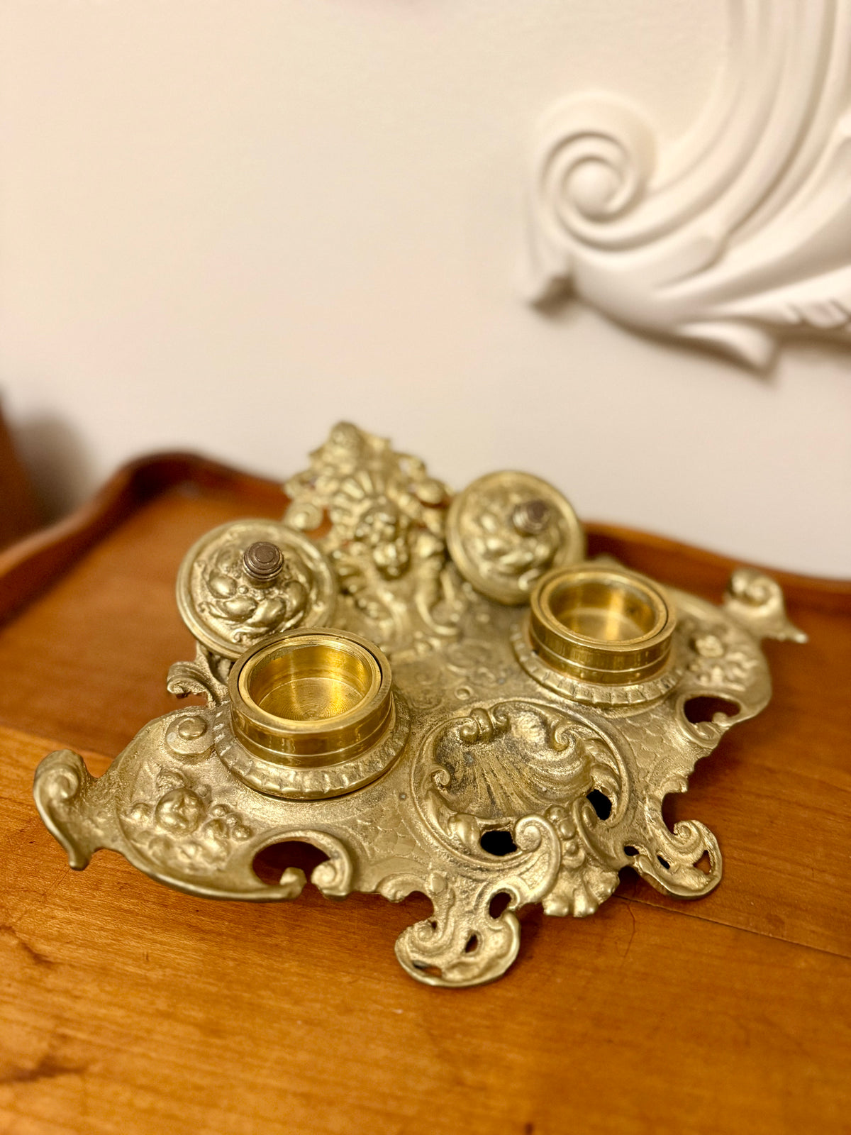 Vintage Rococo Revival Ornate Cast Metal Double Inkwell Inkstand
