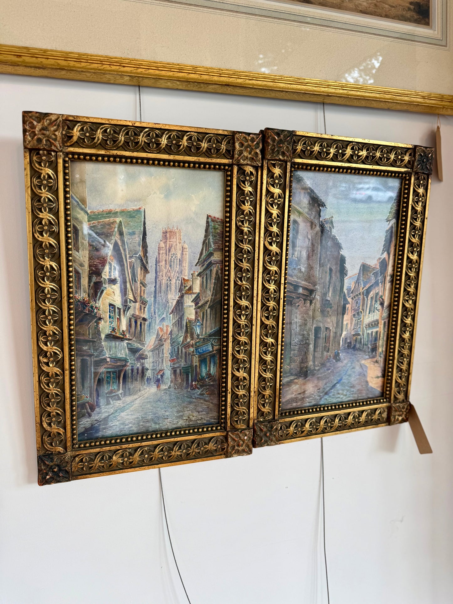 Pair of Signed French Village Street Scene Watercolors by M. Guillebert in Gothic Revival Frames