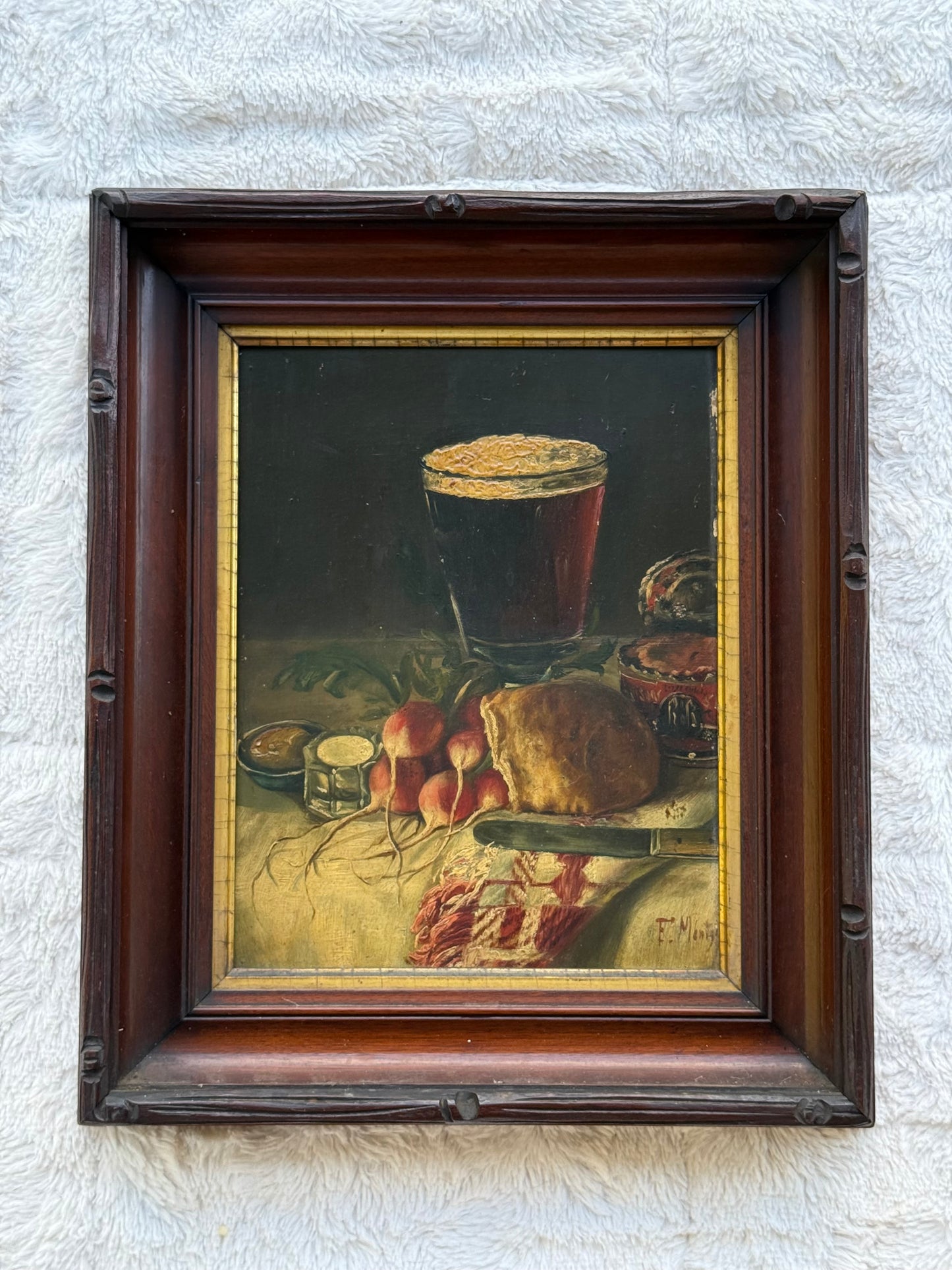 Antique Still Life Oil on Board | Signed F. Monty | Tavern Table Scene | Original 19th c. Walnut Frame