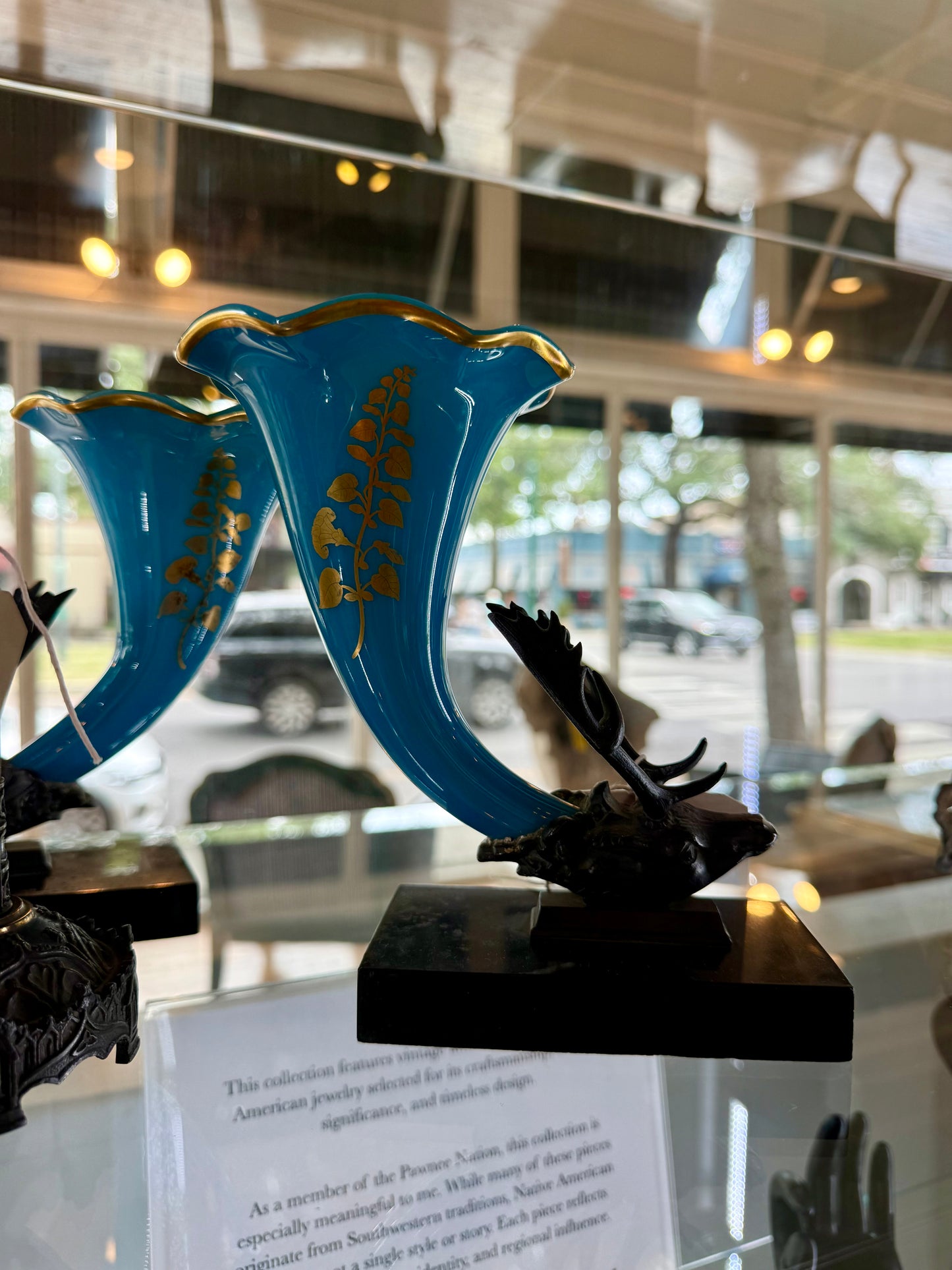 Pair of Victorian Turquoise Glass & Bronze Elk-Head Rhyton Garniture Vases, 19th Century