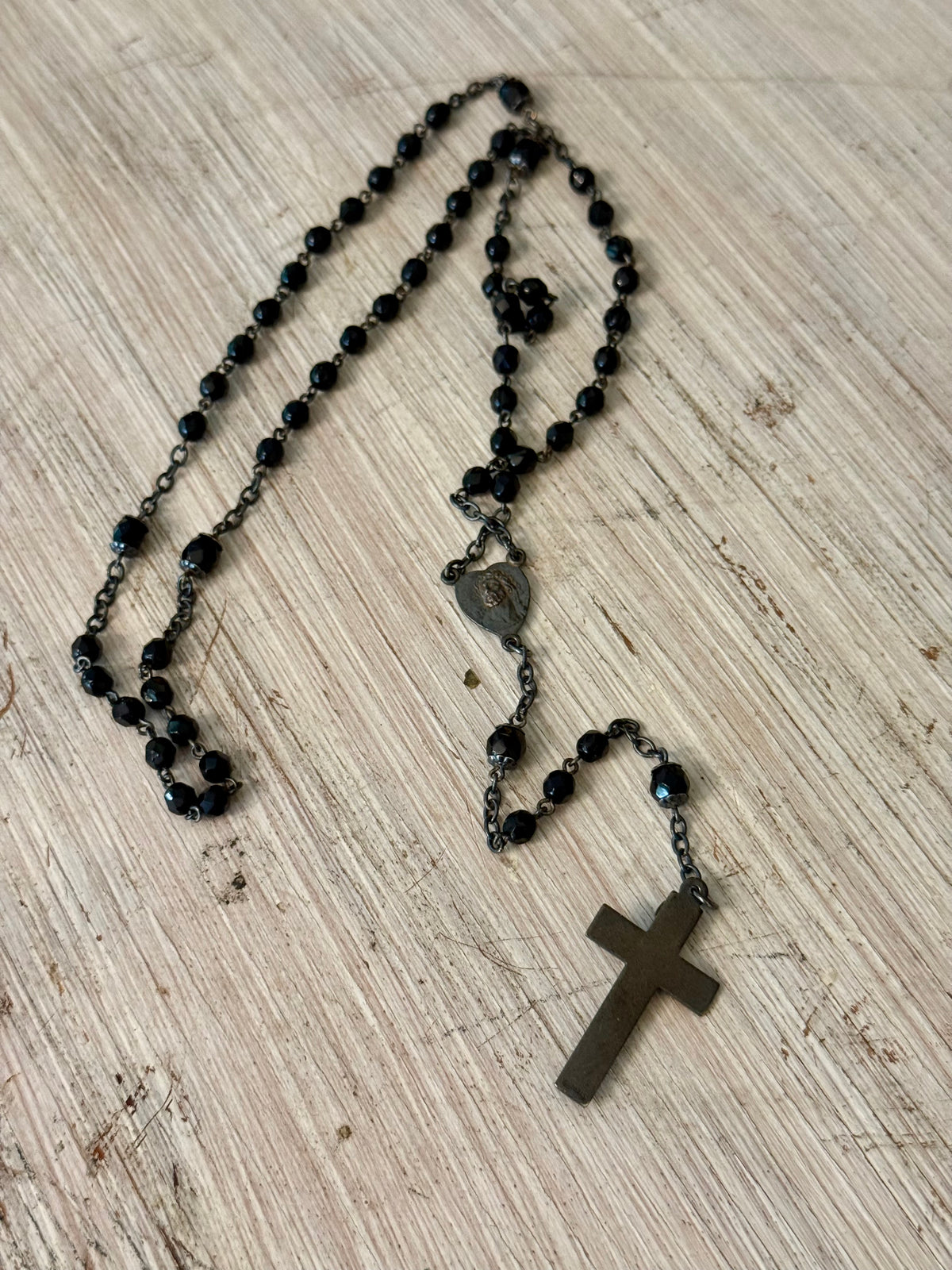 Vintage Black Faceted Glass Catholic Rosary with Marian Medal