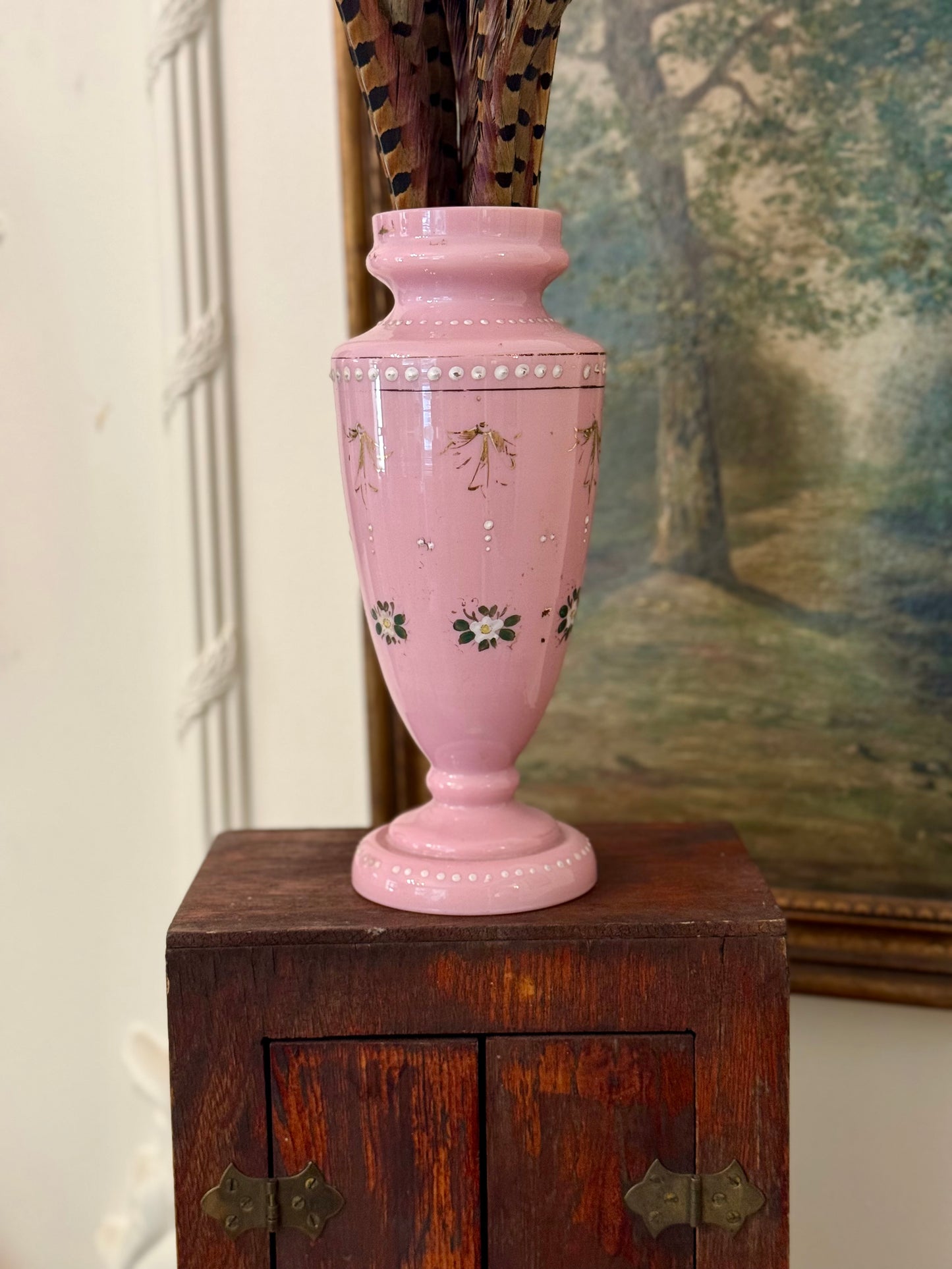 Antique Victorian Pink Hand Enameled Art Glass Vase