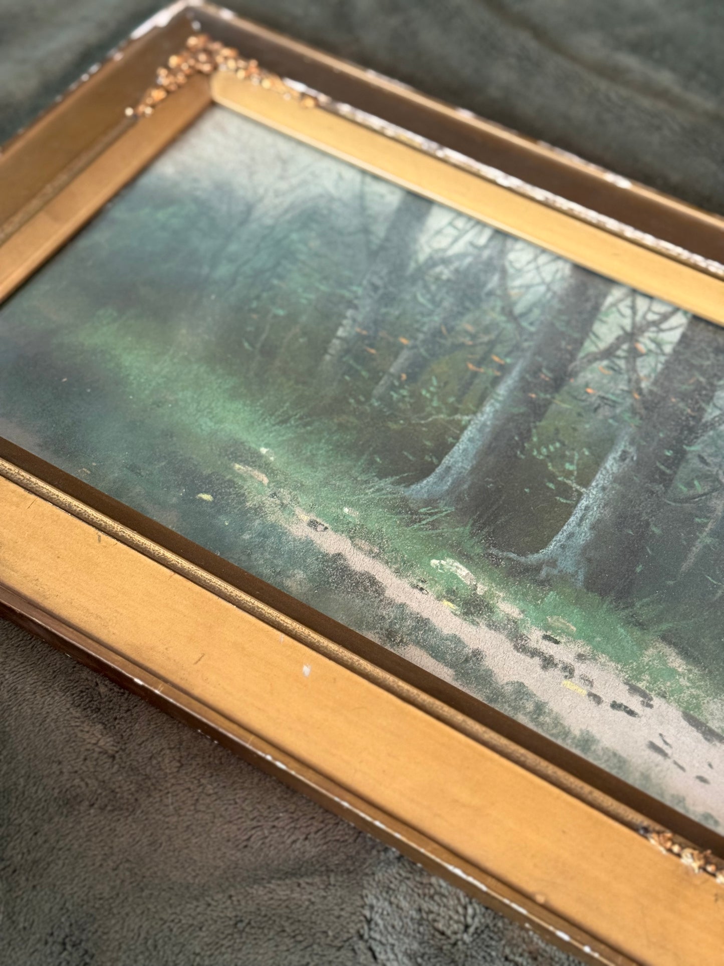 Antique Pastel Landscape with River and Trees in Original Gilt Frame